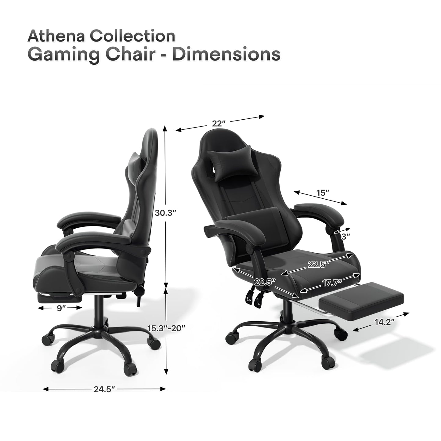 Athena Collection Ergonomic Gaming Chair with Footrest & Headrest Lumbar Support, Height Adjustable Swivel Office Chair Reclining Game Chair High Back Computer Chair for Adults, Carbon Fiber Black