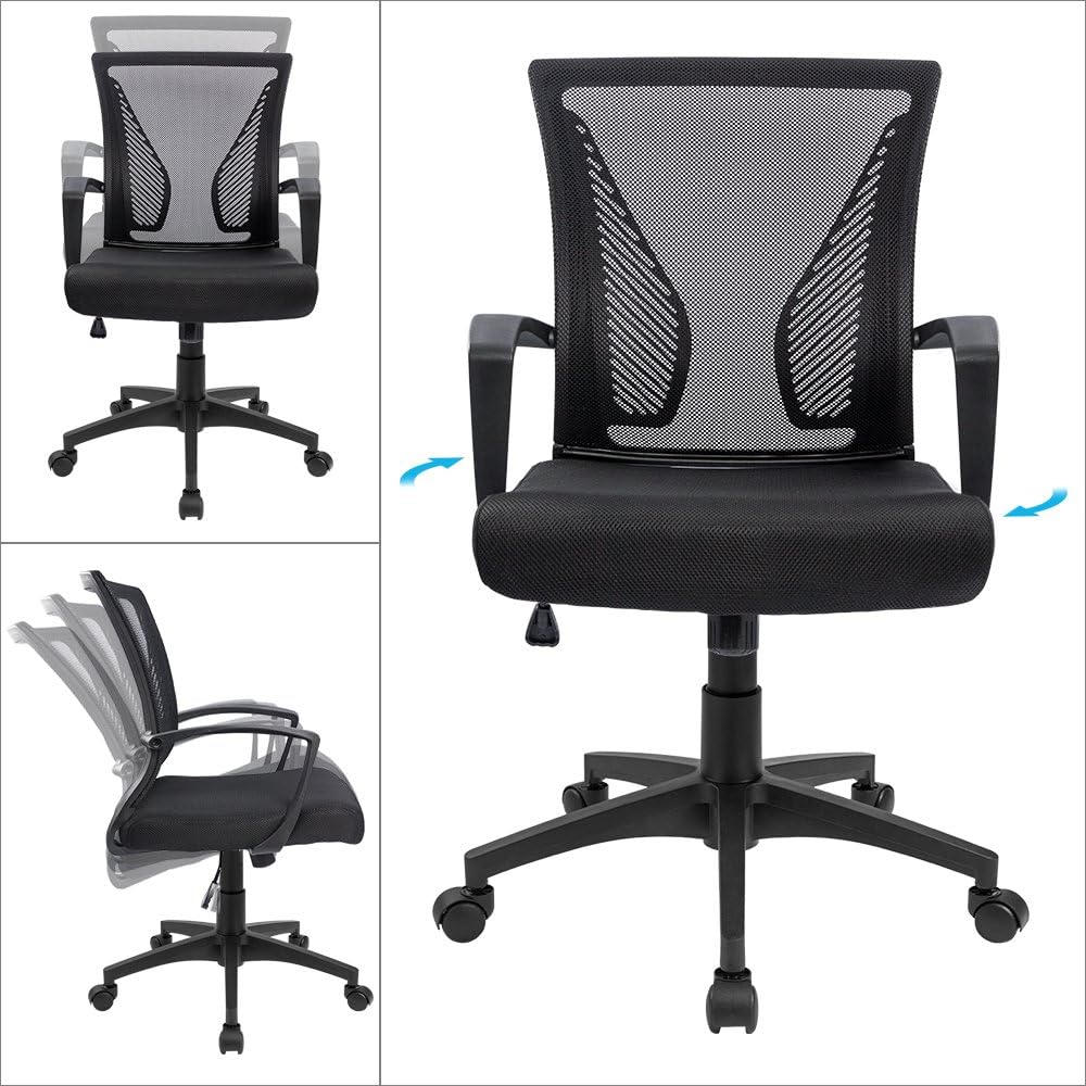 Furmax Office Chair Ergonomic Computer Desk Mesh Chair Mid Back Swivel Lumbar Support with Armrest (2, Black)