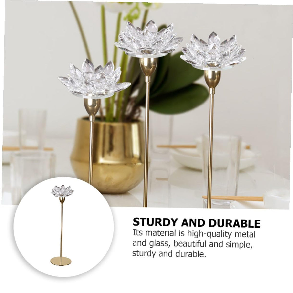 JEWEDECO Crystal Lotus Candle Stand Small Simple Metal Candlestick Decorative Candleholder for Wedding and Dining Room Candlelight Dinner Table Centerpiece