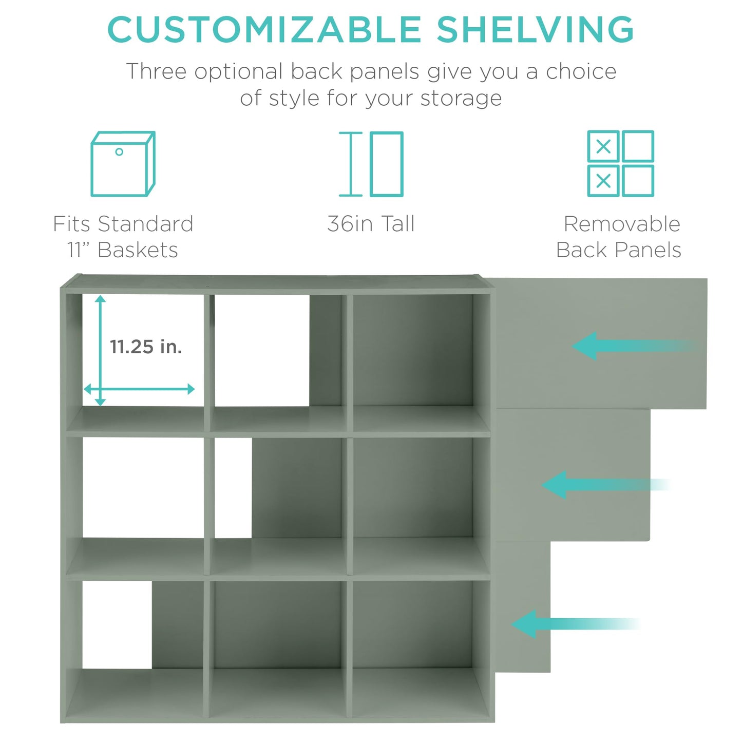 Best Choice Products Kids Bookcase 9-Cube Storage Organizer, 11in Shelf Opening, Bookshelf, Toy Storage, Customizable w/ 3 Removable Back Panels – Sage