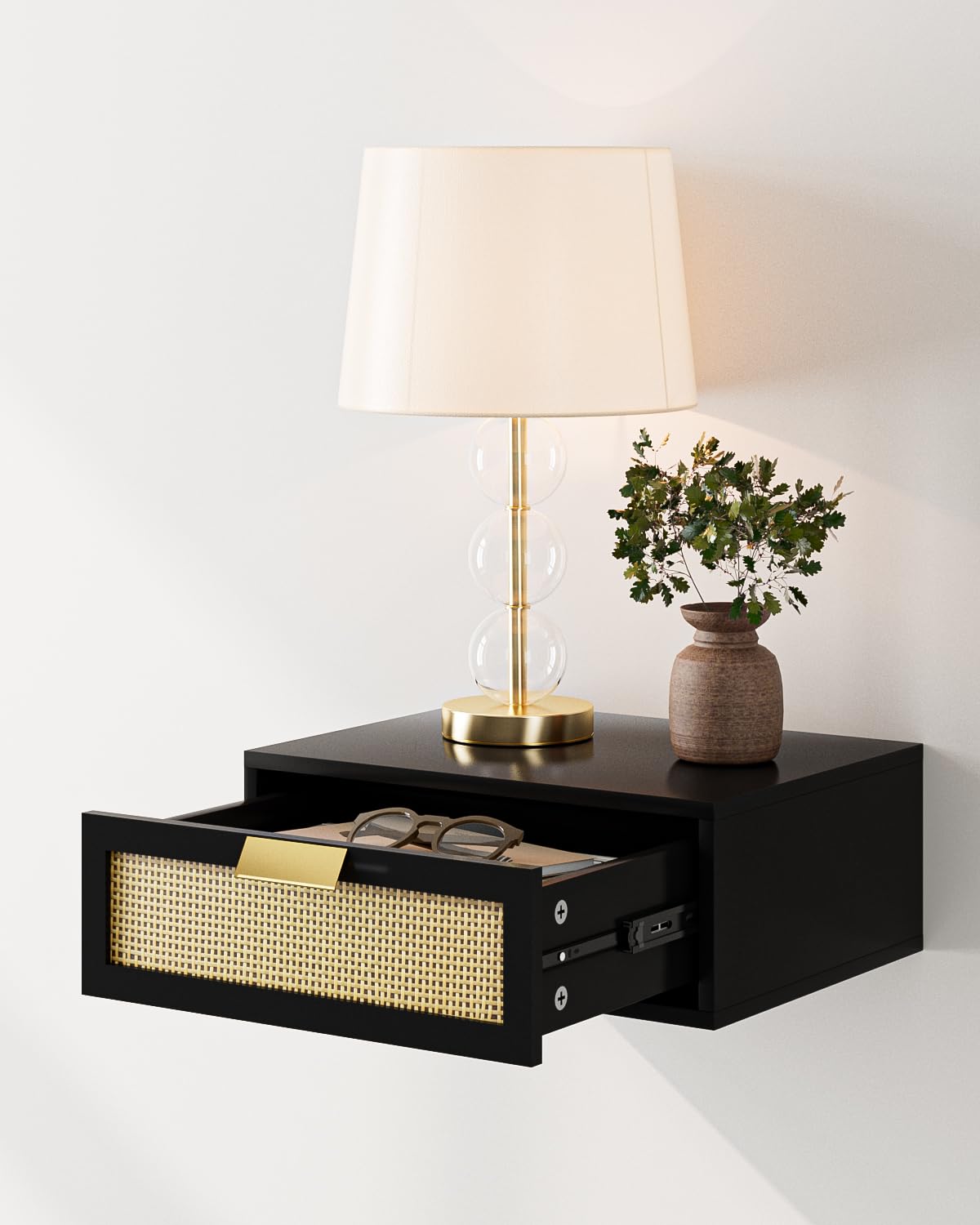Aienvey Floating Nightstand, Floating Shelf with Drawer, Wall Mounted Nightstand, Floating Bedside Table (Black Rattan)