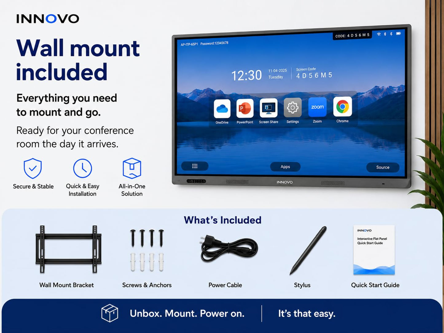 Innovo 75" Interactive Whiteboard - 4K UHD Touch Screen Smart Board with Built-in 48MP AI Camera, Mic & Speakers, Android 14 OS, 8GB RAM & 128GB Storage, 20-Point Multi-Touch