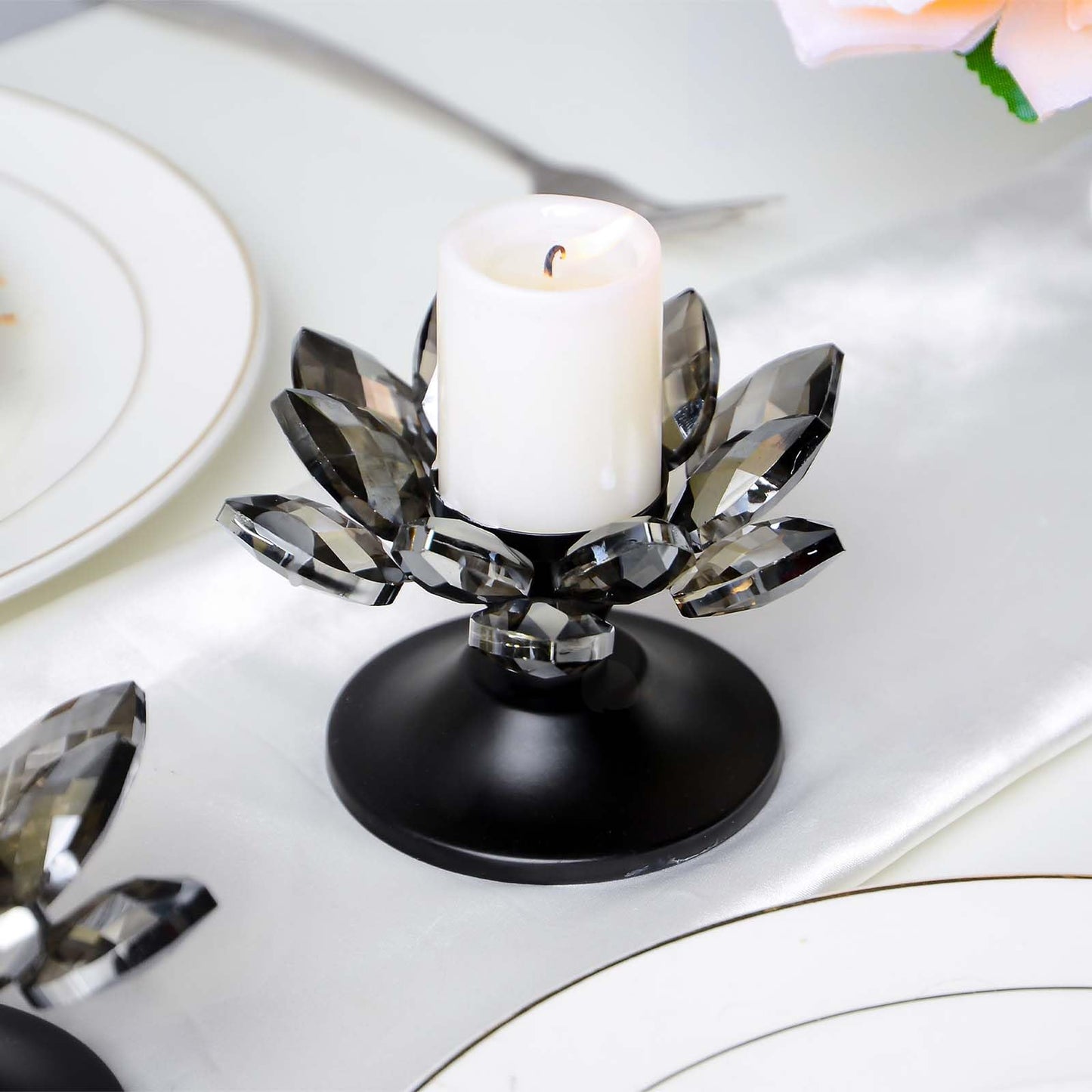 1 PC Black Crystal Flower Tea Light Holder, Glass Tealight Candlestick with Metal Base, Votive Candle for Table Centerpiece, Wedding/Parties Decor, Nice Gift