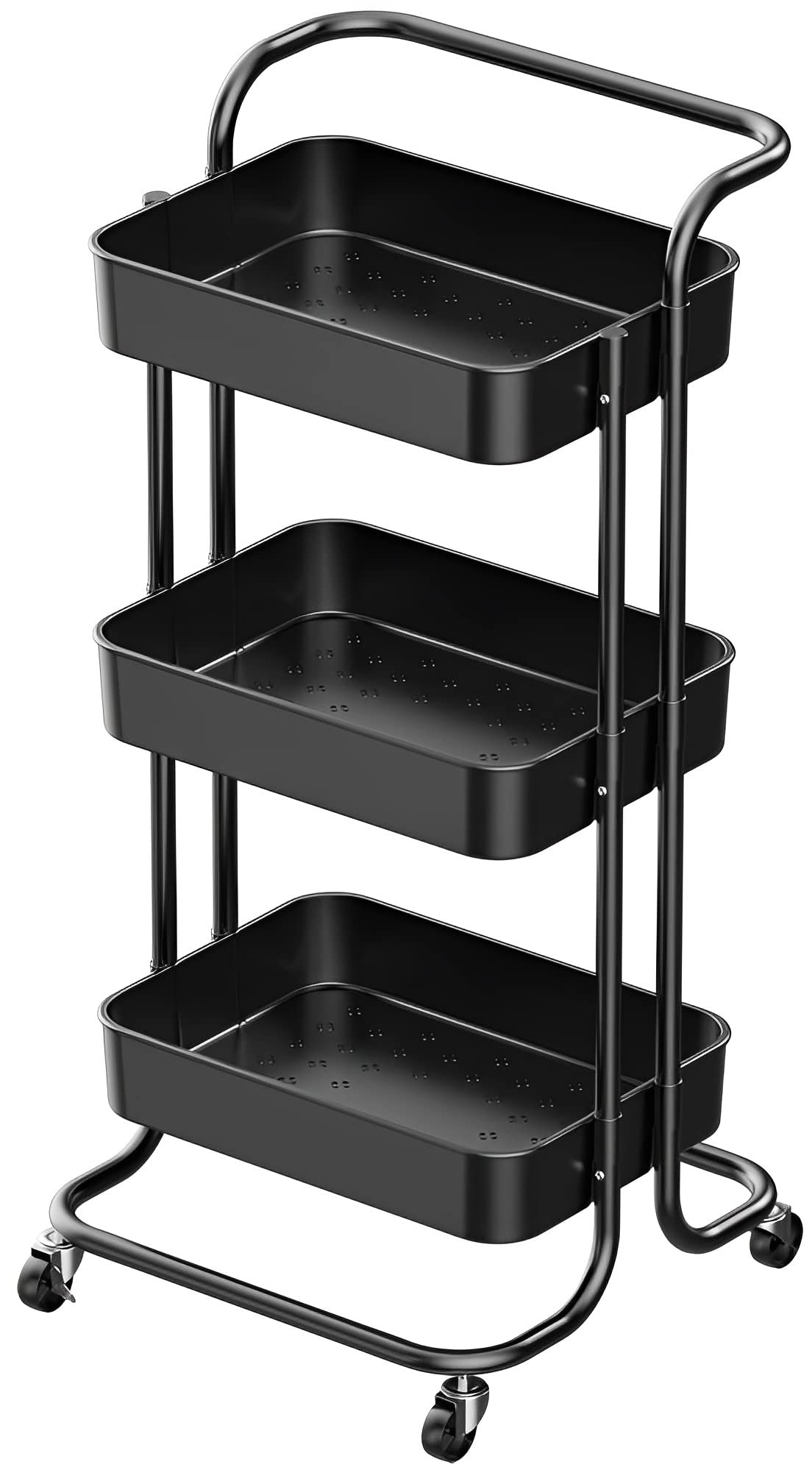 Sooyee 3 Tier Utility Cart,Rolling Cart with Handle and Lockable Wheels, Multi-Functional Storage Cart for Office, School,Living Room, Kitchen, Bathroom, Bedroom,Laundry,Black