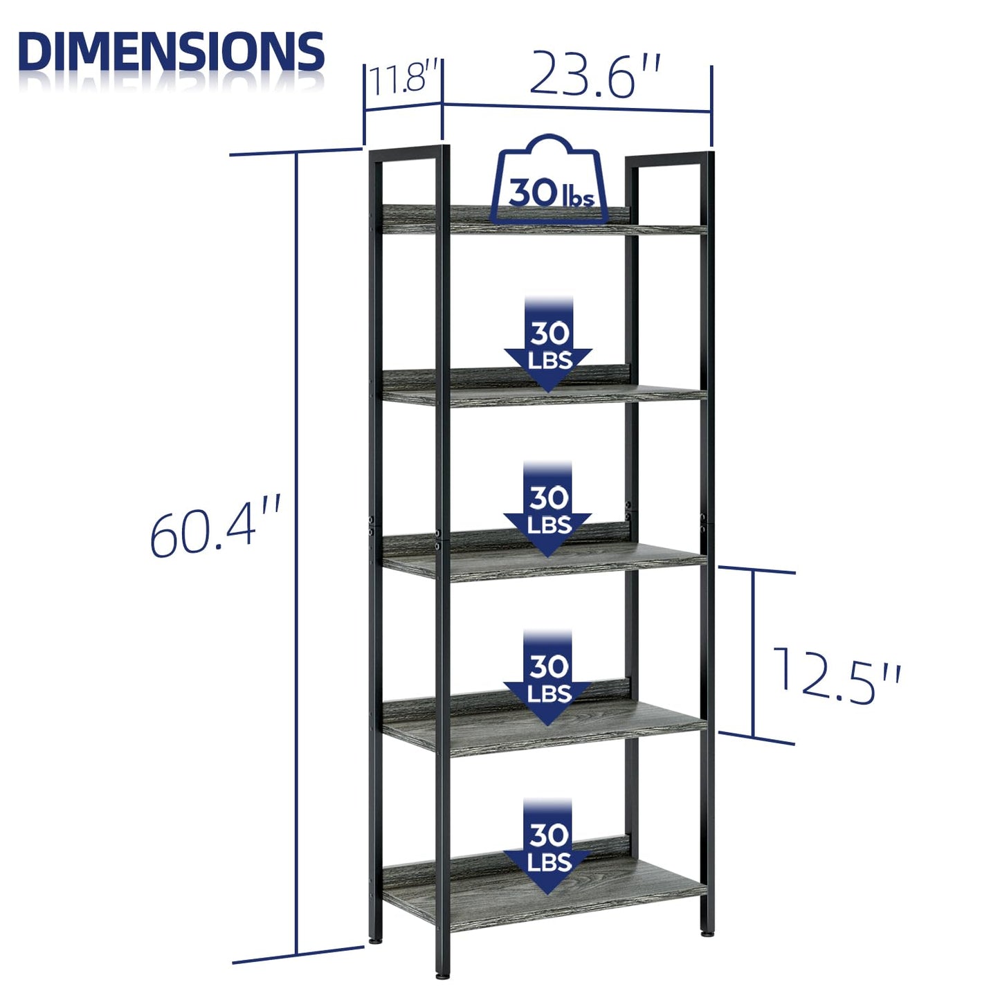 NUMENN Bookshelf, 5 Tier Bookshelves, Home Office Bookcase Shelf Storage Organizer, Free Standing Storage Shelving Unit for Bedroom, Living Room and Home Office, Dark Grey