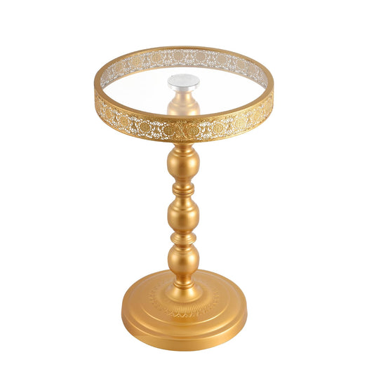 taotanra-Gold Round End Table with Glass Top, Hollow-Carved Metal Frame Small Pedestal Side Table, Modern Accent Coffee Table for Living Room Bedroom Entryway Home Decor