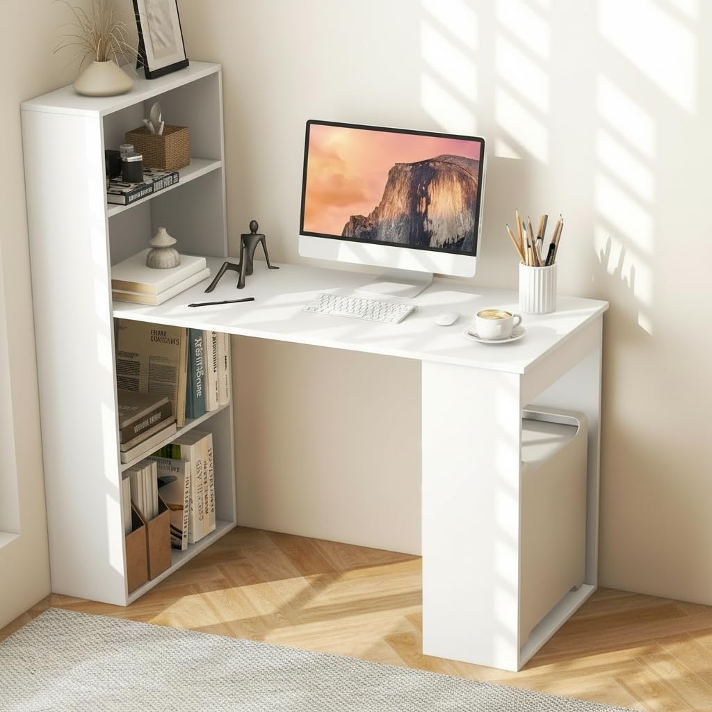 Tangkula White Computer Desk with Bookshelf, Writing Study Desk with Storage Shelves & CPU Stand, Modern Compact Computer Workstation for Home & Office, Space-Saving Design