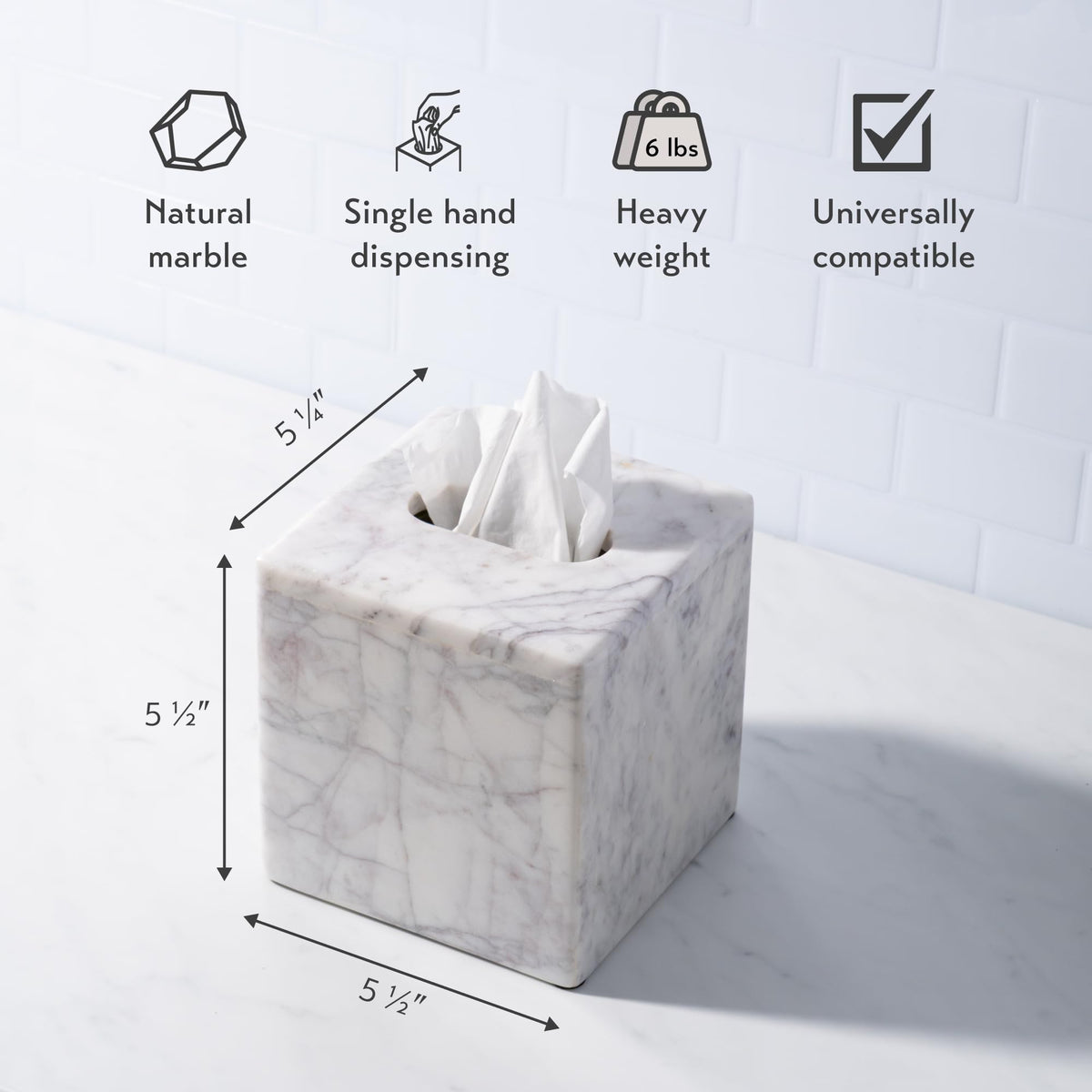 Cork & Mill Marble Tissue Box Cover for Kleenex and More, Decorative Cube Style Holder, Large Square Facial Tissue Dispenser Container for Home, Real Solid White Marble Bathroom Accessory