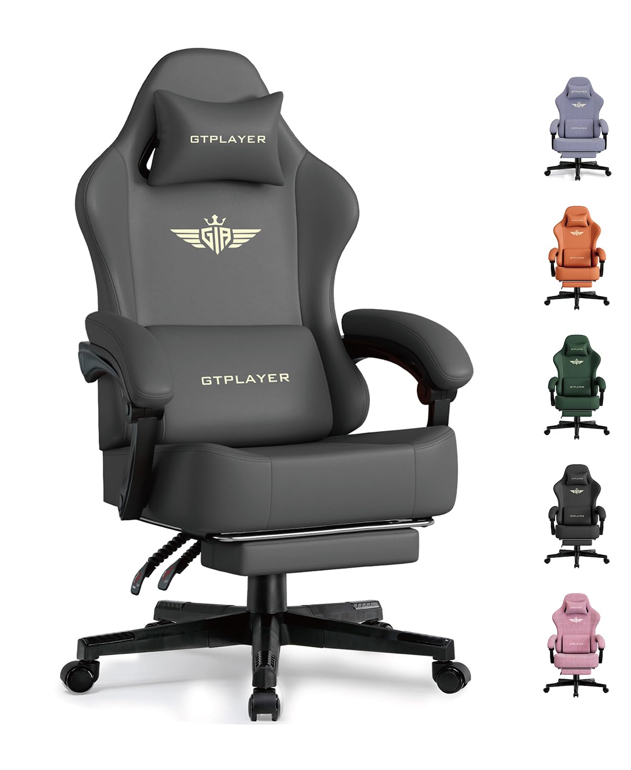 GTPLAYER Gaming Chair with Pocket Spring Cushion, Big and Tall Gamings Chairs 350LBS High Back Computer Chair with Footrest for Adults Lumbar Support Swivel Game Chair for Office, Leather Grey