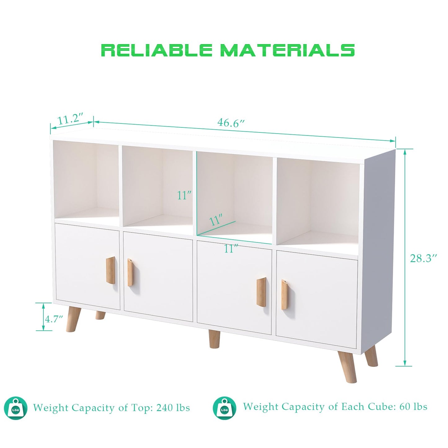 OSCHF Cubby Shelf Bookcase with Doors - Wooden 8 Cube Floor Standing Open Bookshelf with Solid Wood Legs, 2-Tier Low Storage Cabinet, Warm White