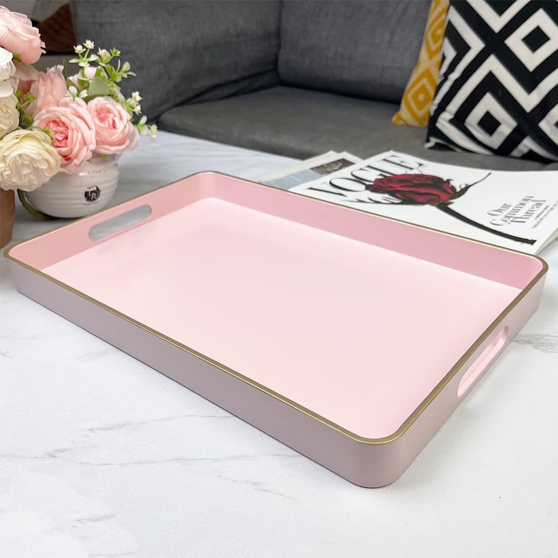 UOEKCS Pink Coffee Table Tray, Decorative Serving Tray with Handles, Plastic Rectangular Tray for Ottoman, Bathroom, Living Room. 15.7"*10.2"