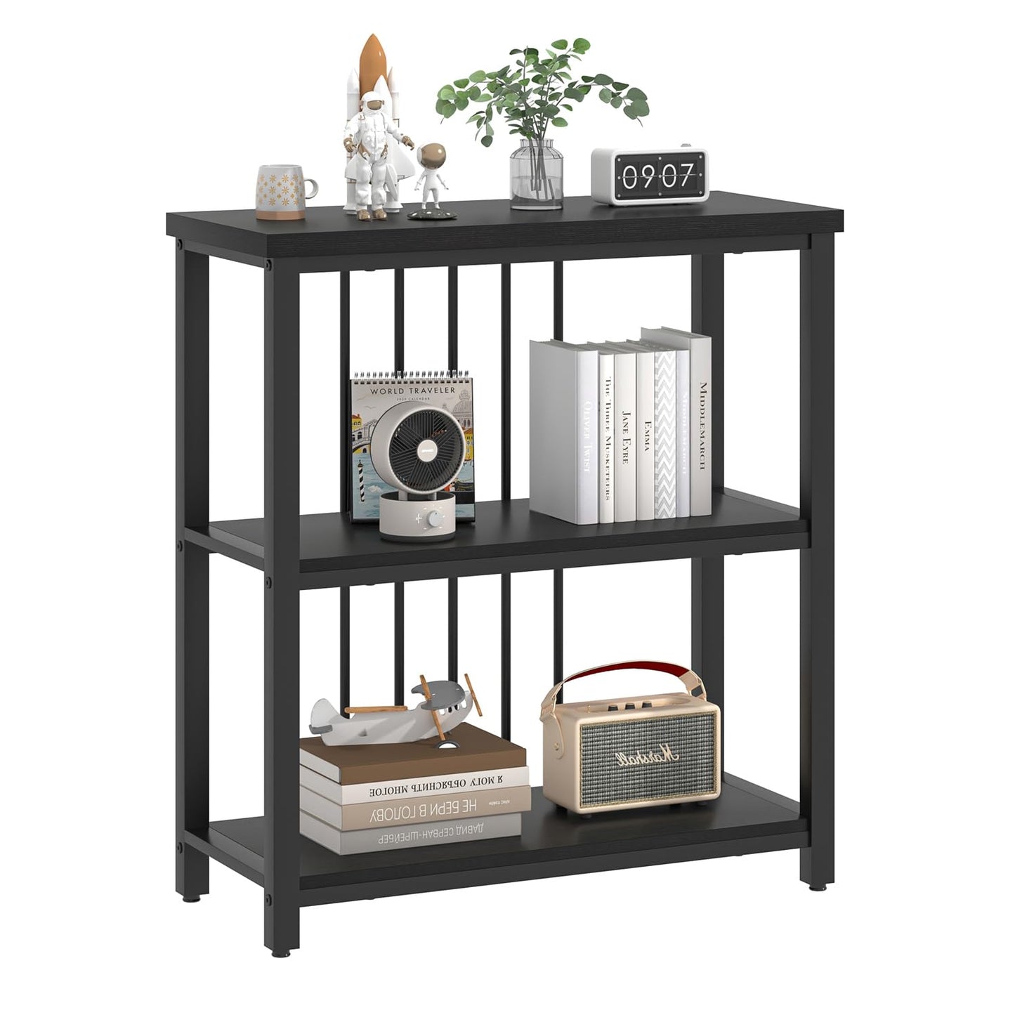 FOLUBAN Bookshelf, Modern 3 Tier Bookcase, Wood and Metal Book Shelves for Living Room Office Bedroom, Rustic Black Oak