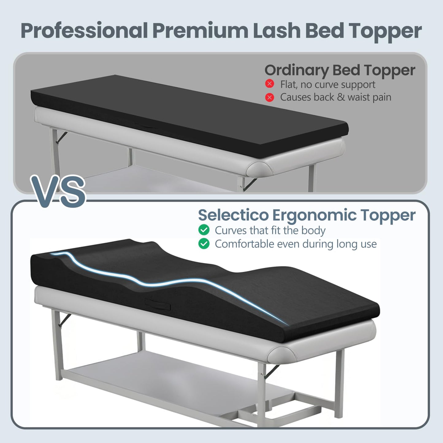 Selectico Ergonomic Lash Bed Topper, High-Density Foam Massage Table Topper with Plush Removable Cover, Non-Slip Massage Table Pad for Salon, Spa, Facial,Lash Extension Beds, 71"x27.5" (Black)