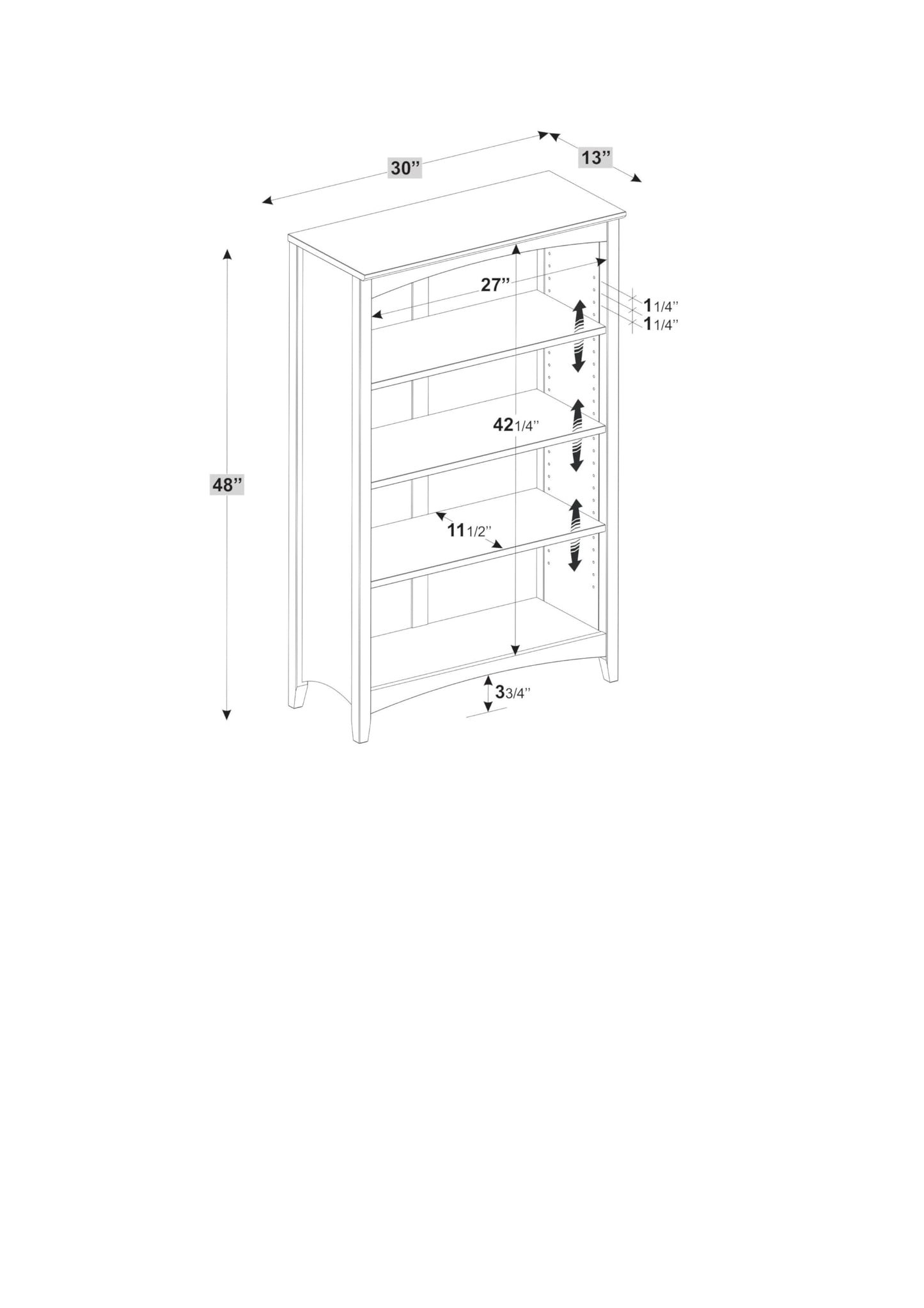 Camaflexi Shaker Style 4 Shelf Bookcase / Solid Wood / 48 inch High / Adjustable Shelving / Closed Back / Display Bookshelf for Living Room, Bedroom, Home and Office, White
