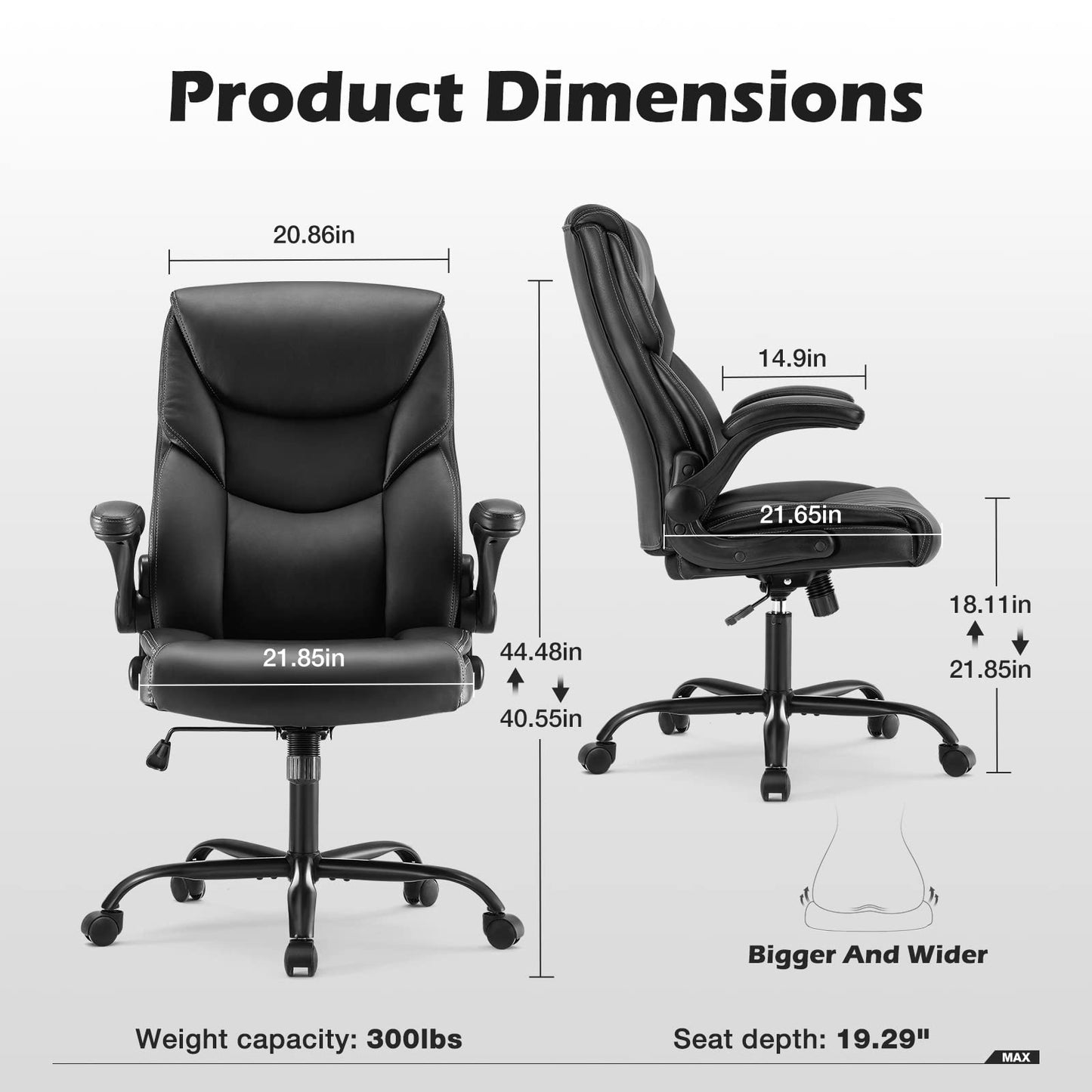 DUMOS Office Chair Set of 2 - Ergonomic Executive Computer Desk Chairs with Adjustable Flip-up Armrest, Swivel Task Chair with Lumbar Support, Strong Metal Base, PU Leather, Black