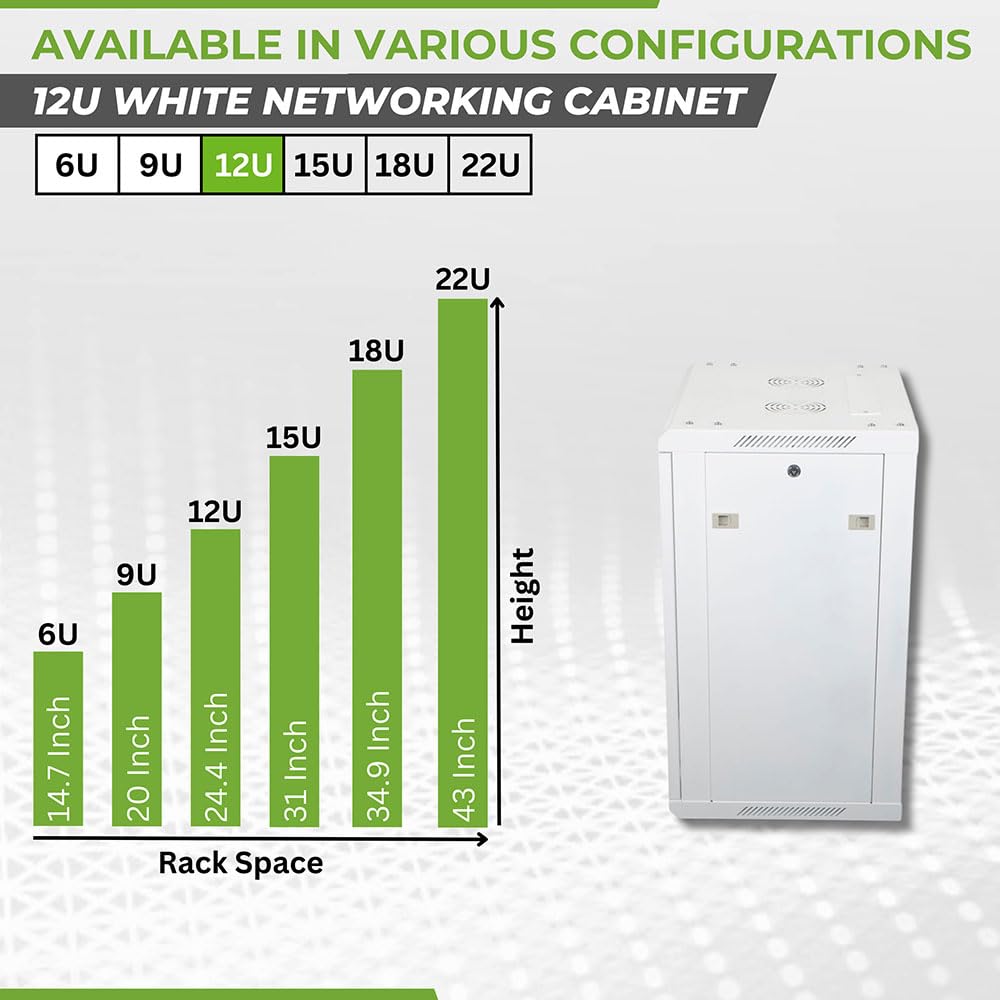 NavePoint 12U Network Cabinet with Glass Door – 12U Wall Mount Server Cabinet White 19” Rack for IT Equipment, AV Devices, Networking Equipment –23” Deep Server Rack Enclosure