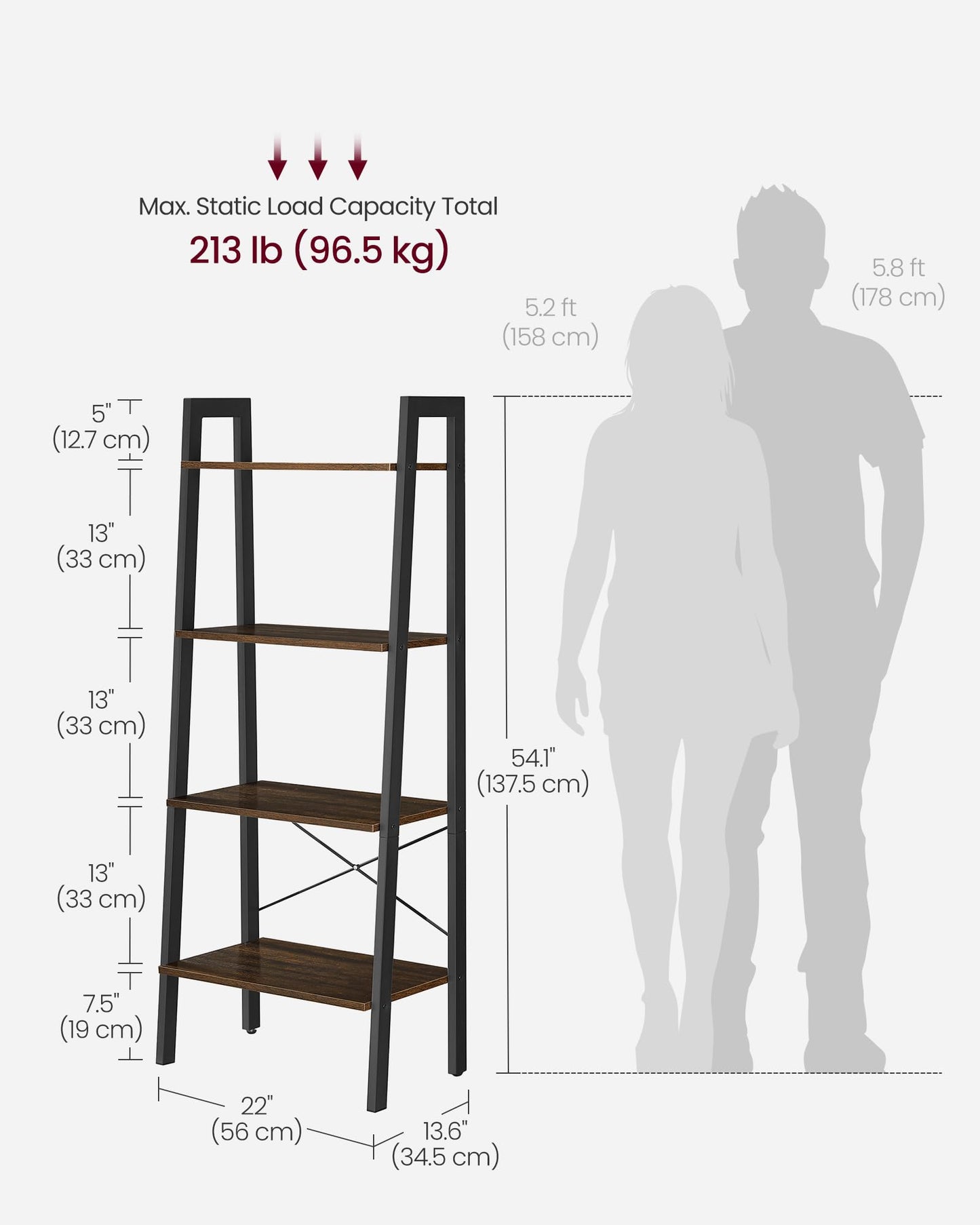 VASAGLE BARNET Collection - Ladder Shelf, Bookshelf, Storage Rack, Modern Bookcase for Living Room Home Office Kitchen, Steel Frame, 4-Tier, 22-Inch Wide, Hickory Brown and Ink Black ULLS44BF