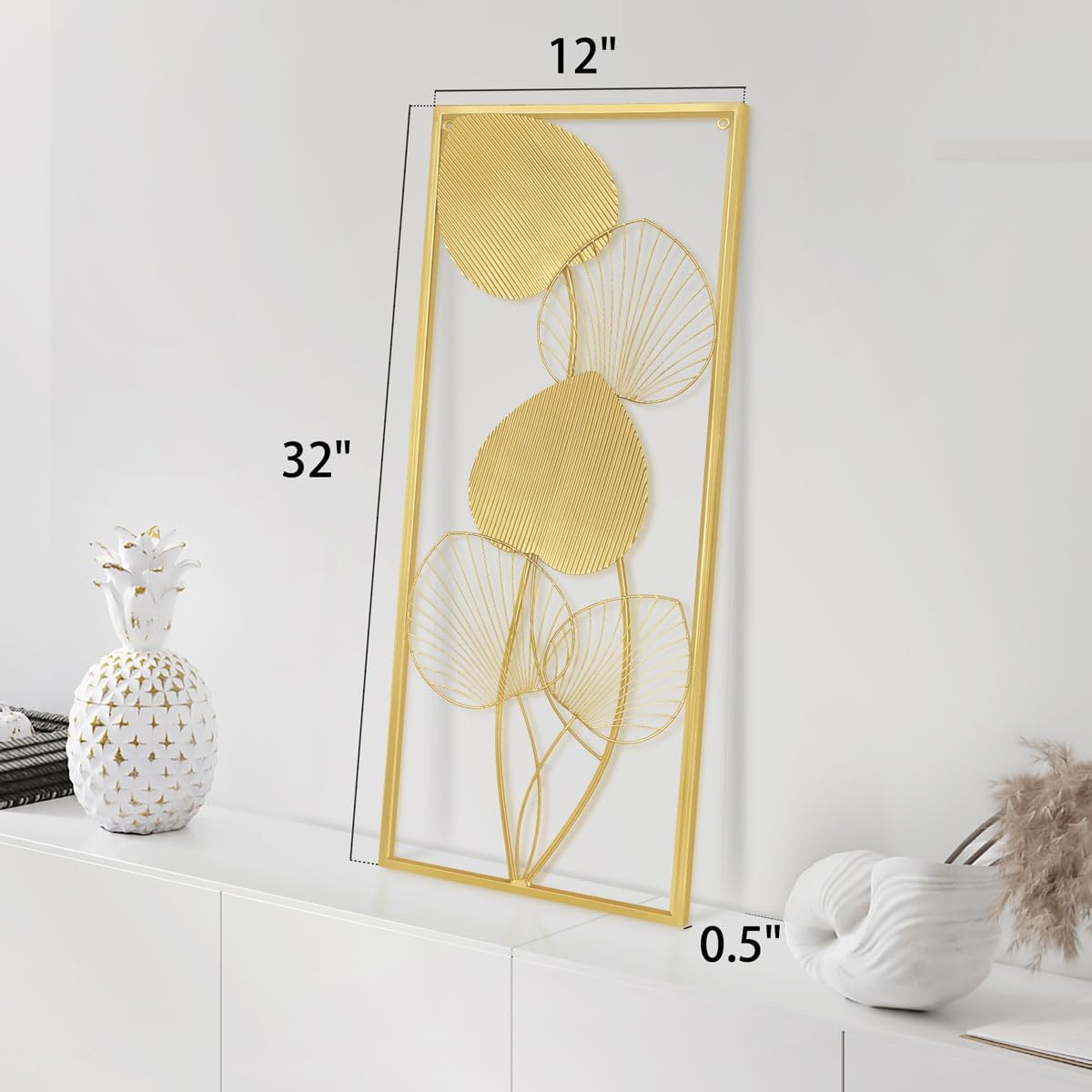 XUANYUQL 2 Pieces Metallic Leaves Wall Decors Luxury Golden Metal Art Wall Sculptures 32" X 12" Modern Wall Hanging Sculptures with Frame for Bedroom Living Room Kitchen Dining Room Office