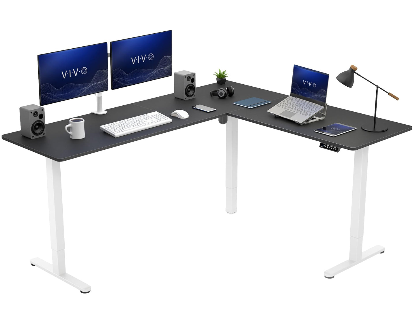VIVO Corner Standing Desk, 75 x 63 inch Reversible L-Shaped Workstation, Electric Height Adjustment, Home, Office, and Reception Rooms, Black Table Top White Frame, DESK-E3CTWB-75