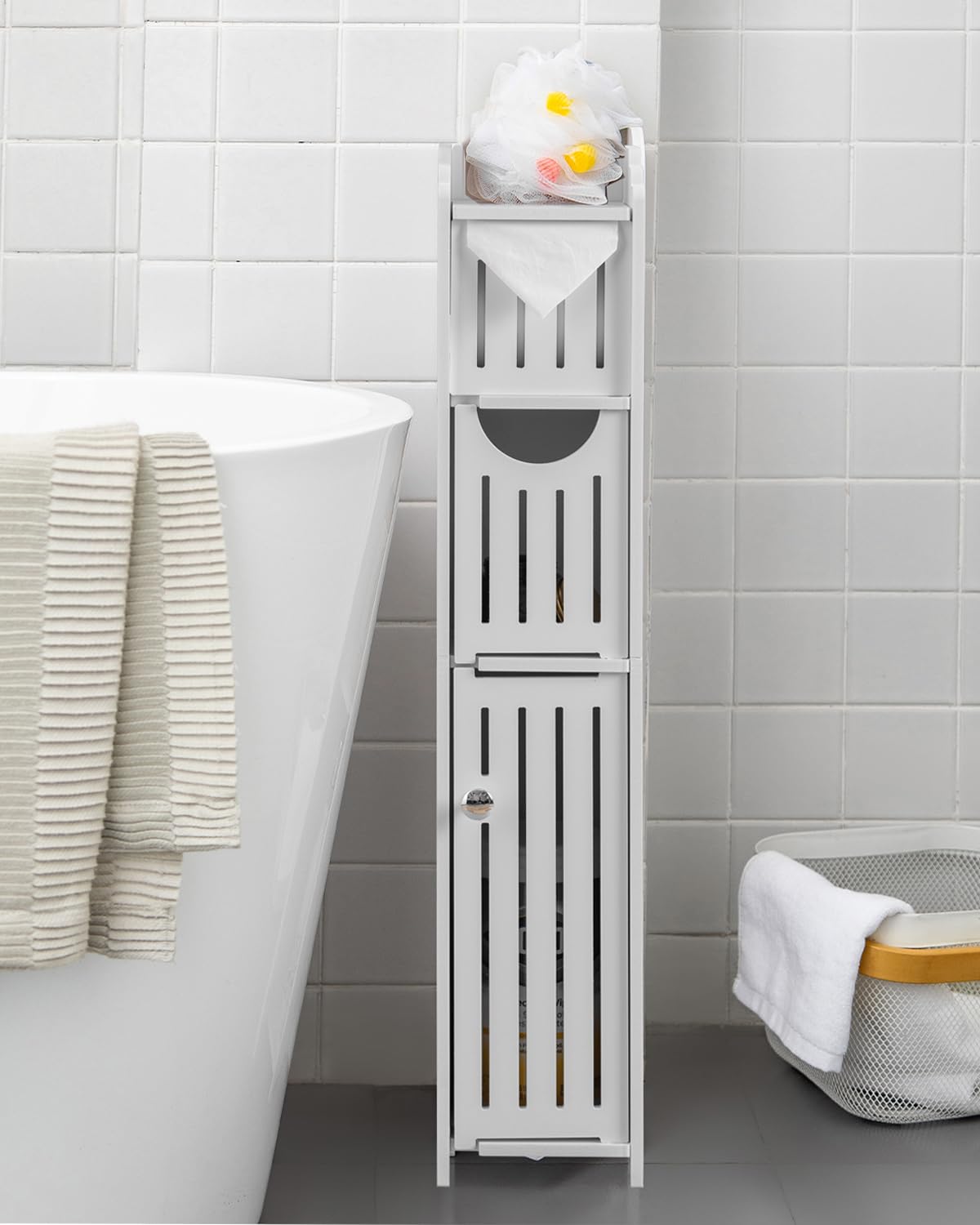 AOJEZOR Bathroom Storage Cabinet: Small Bathroom Storage Cabinet - Toilet Paper Holder Fit for Mega Roll,White