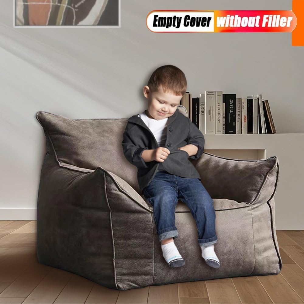 Bean Bag Chair Bean Bag Cover （No Filler） Luxury Single Lazy Sofa Cover PU Faux Suede Leather Bean Bag Pouf Chair for Bedroom Living Room Garden, Bean Bag Cover (Color : Retro Grey)