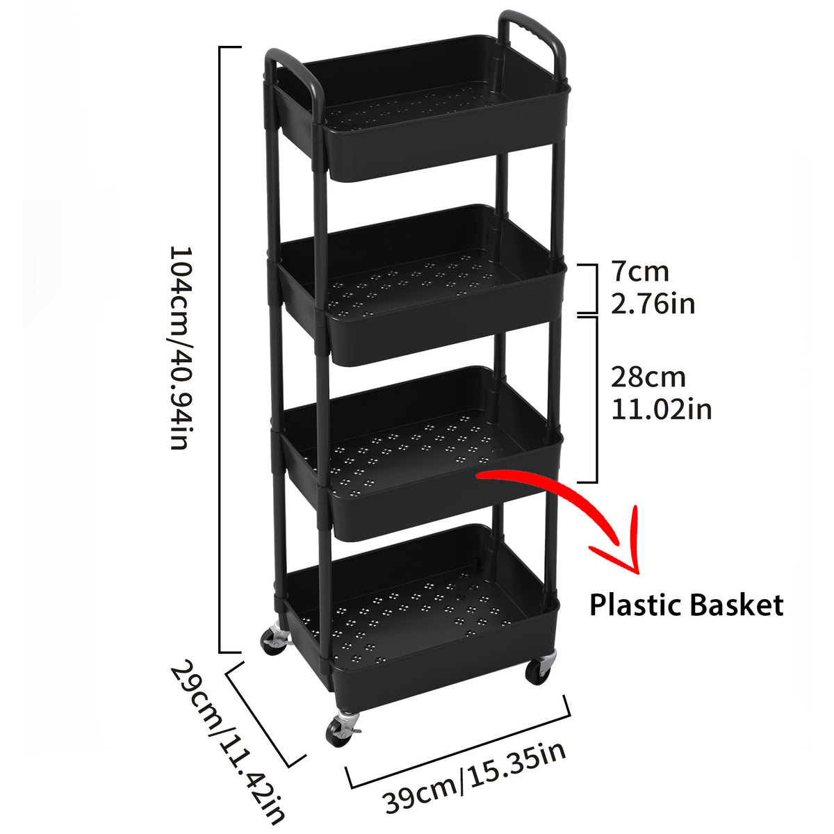 Sywhitta 4-Tier Plastic Rolling Utility Cart with Handle, Multi-Functional Storage Trolley for Office, Living Room, Kitchen, Movable Storage Organizer with Wheels, Black