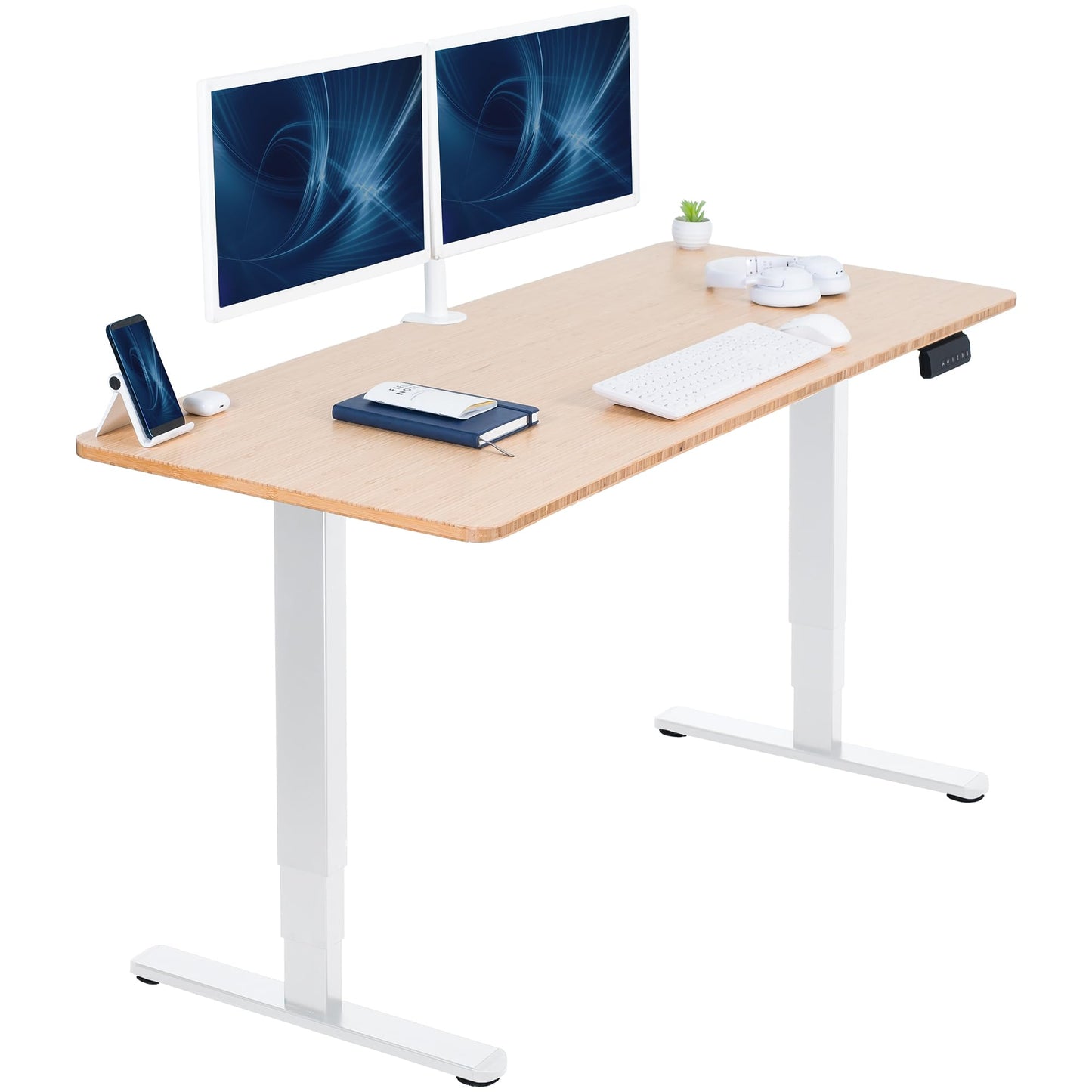 VIVO Electric 60 x 24 in Dual Motor Sit Stand Desk, Memory Height Adjustment, 2B Series, Bamboo Top White Frame, DESK-KIT-2W6O