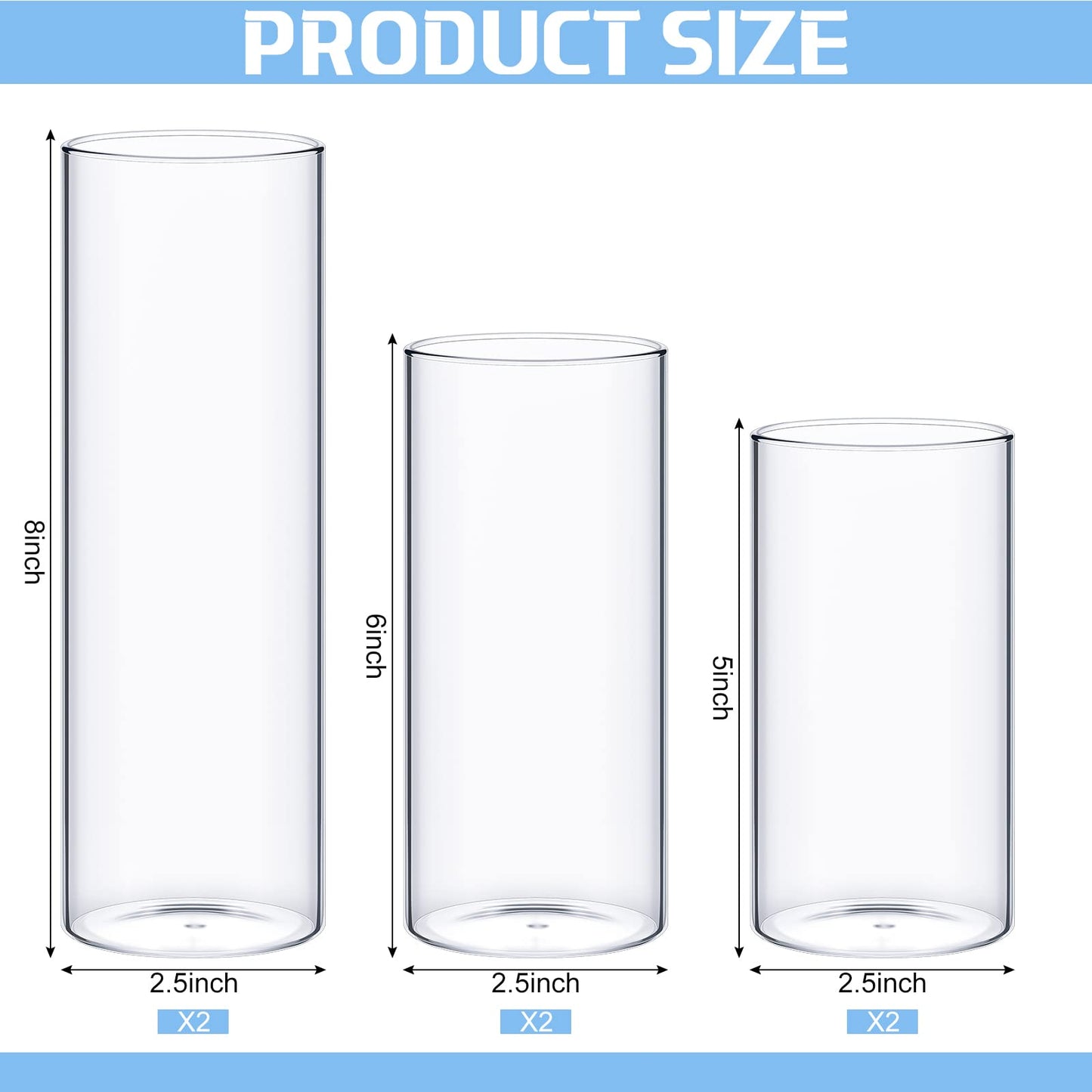 Didaey 6 Pcs Thin Cylinder Vases Set for Centerpieces 2.5'' Diameter 2mm Thickness Clear Glass Vase Hurricane Floating Candle Holder for Wedding Table Decoration (2.5'' X 5'',6'',8'')