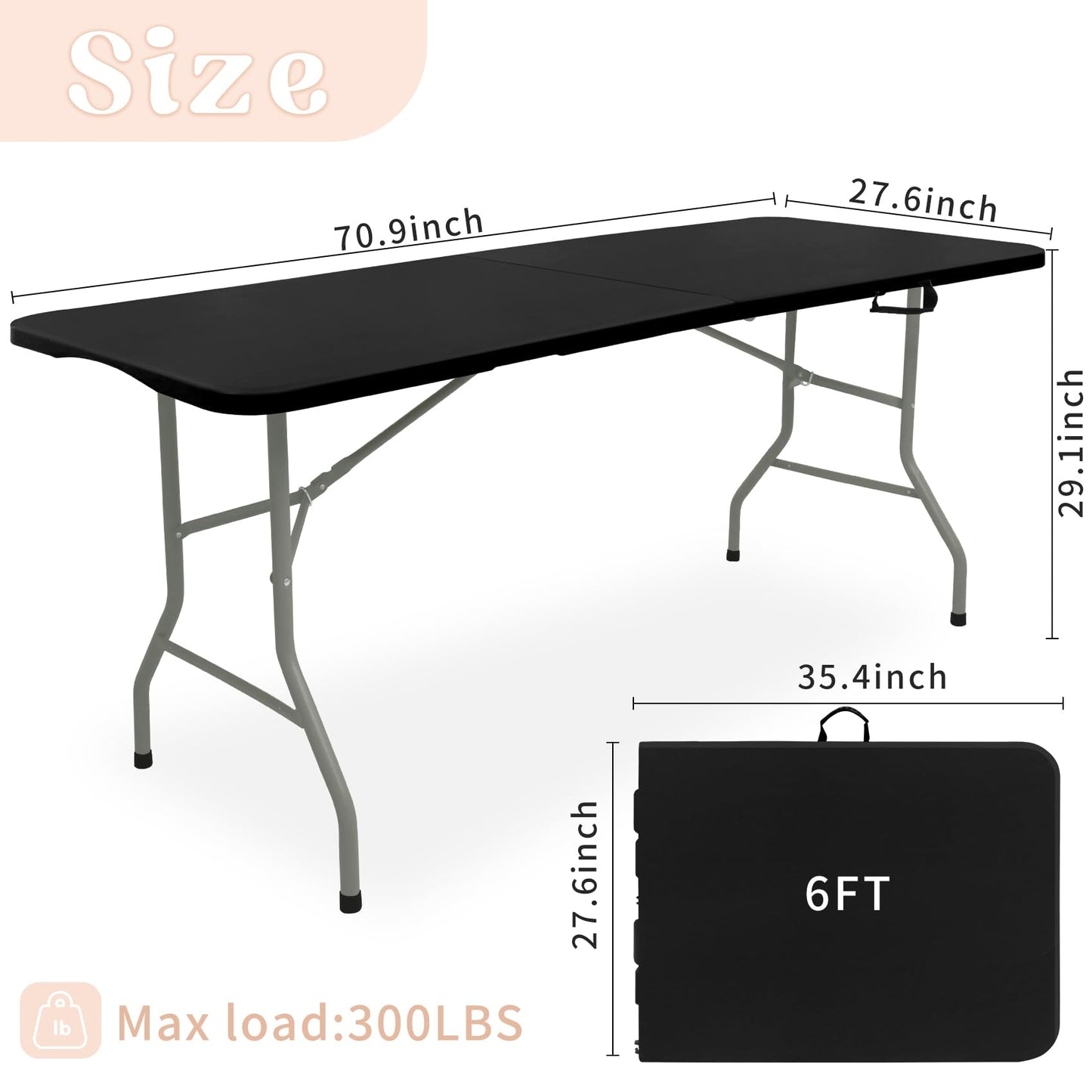 HAISIWLKJ Folding Table 6 FT Lightweight Camping Table Black Portable Plastic Rectangular Outdoor Dining Table Steel Legs Fold-in-Half with Carrying Handle for Indoor,Picnic,Party,Wedding,Events