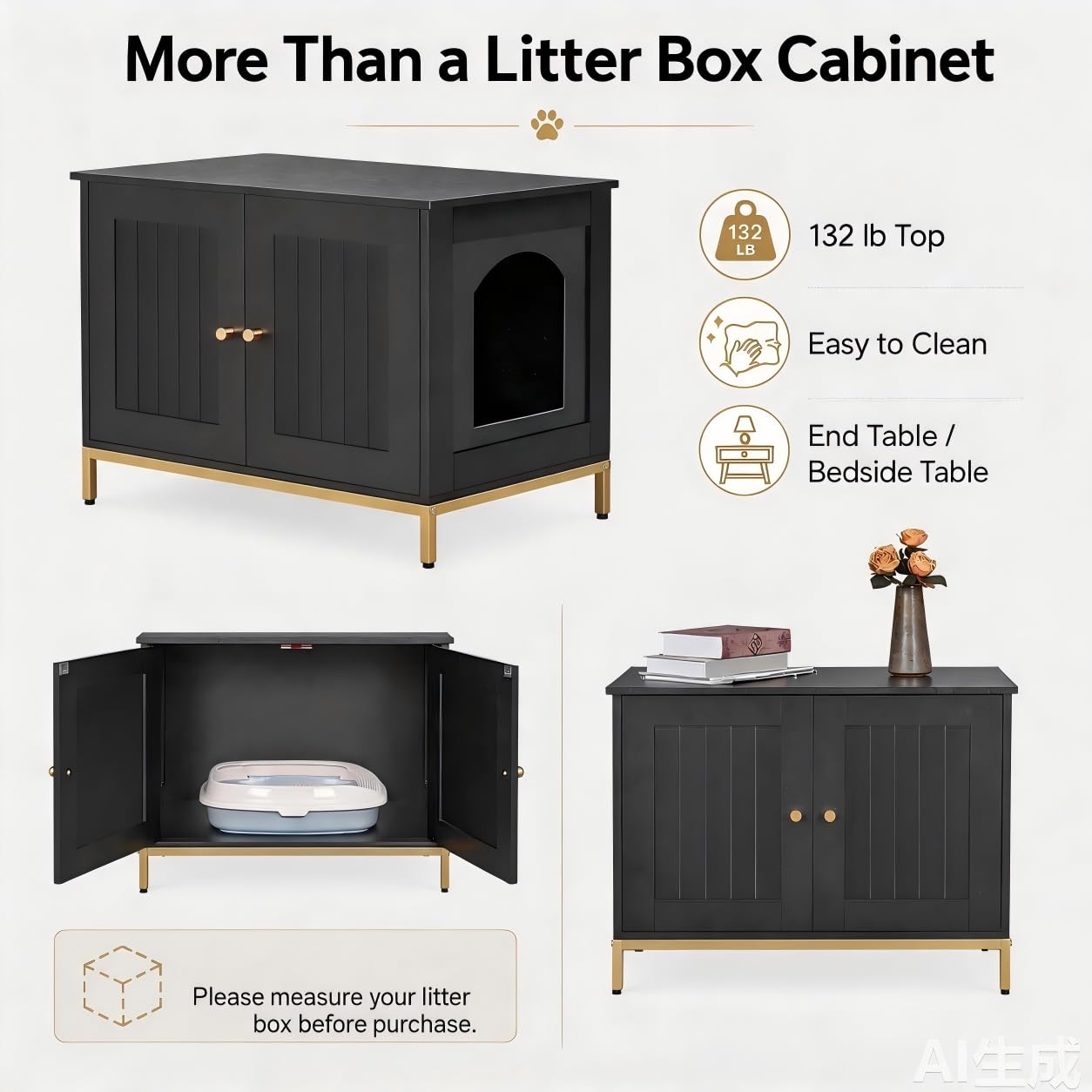 Homhedy Cat Litter Box Enclosure, Cat Washroom Furniture with Metal Frame, Pet House, Fit Most of Litter Box, Modern Style, Black and Gold