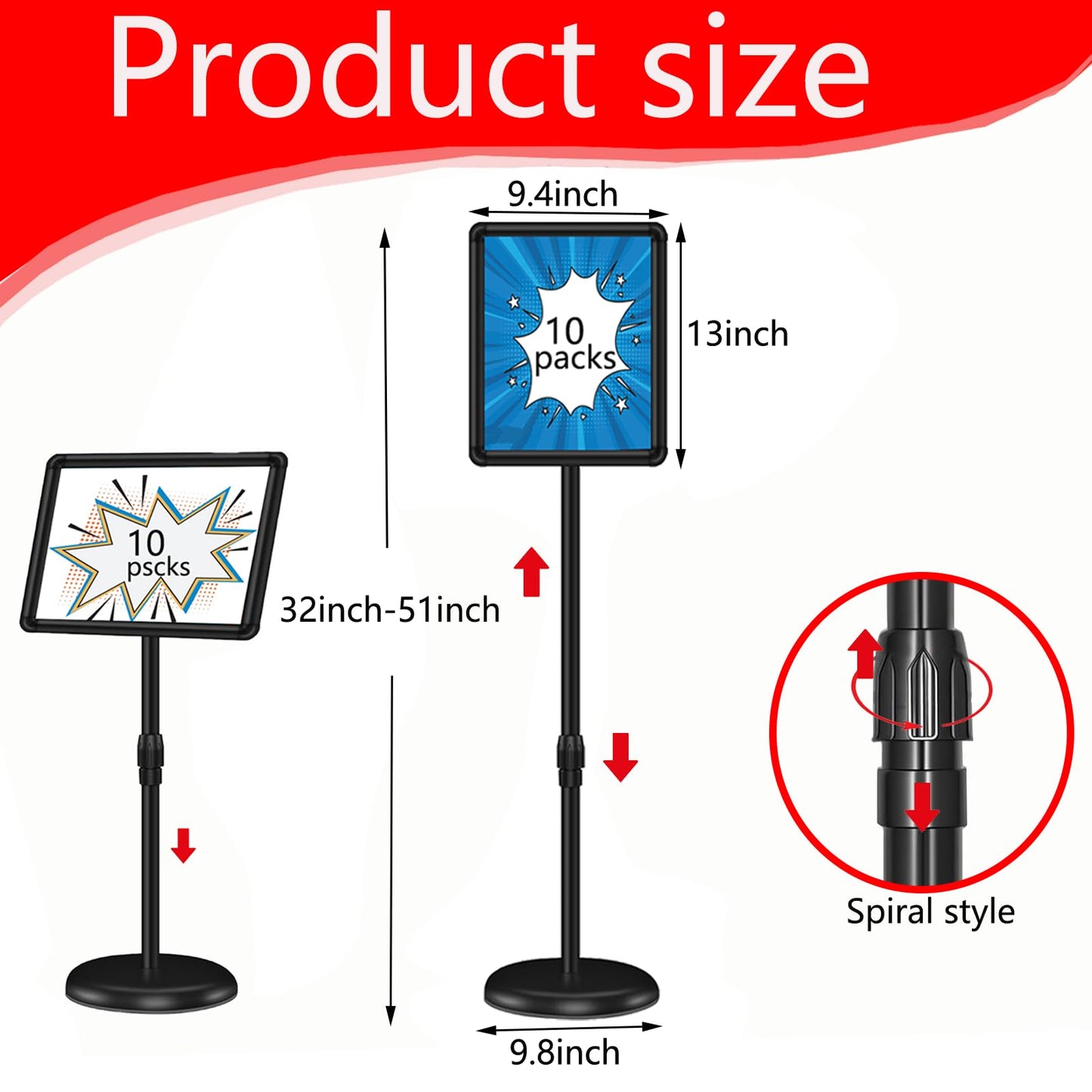 ToiULik 10 Packs 8.5x11 Inch Pedestal Poster Sign Stand, Vertical and Horizontal Adjustable Floor Standing Snap Open Frame for Display in Malls, Schools, Restaurants (Black)