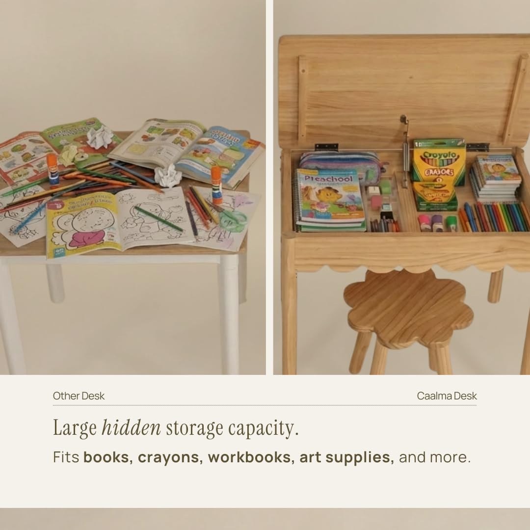 CAALMA Kids Table and Chair Set (Ages 3–7), Solid Wood with Lift-Top Hidden Storage - Montessori Table and Chair Set with Scalloped Design, Easy-Clean Surface & Gold Hardware