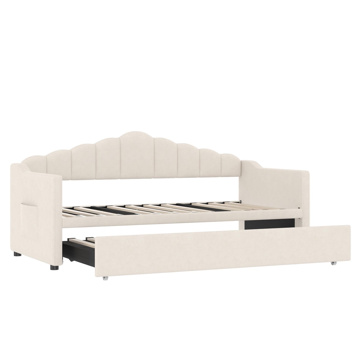 Twin Size Upholstered Daybed with Pop up Trundle,Velvet Day Bed Frame with USB and Side Pockets,Twin to King Daybed, Tufted Sofa Bed for Bedroom,Living Room,Guest,Beige