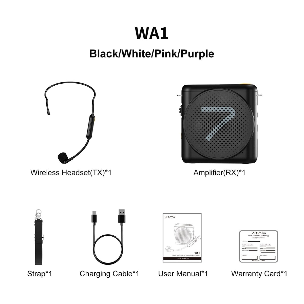 7RYMS WA1 Portable Voice Amplifier for Teachers with Wireless Microphone,Mini Speaker for Classroom,Speech,Training Outdoor,Speaker Megaphone with Noise Canceling, 164ft Range, 23H Working-White