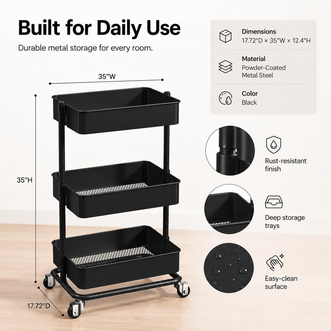 3 Tier Utility Rolling Cart, Heavy Duty Metal Rolling Cart with Wheels, Storage Organizer, Portable Mobile Shelving Unit for Office, Bathroom, Kitchen (Black)