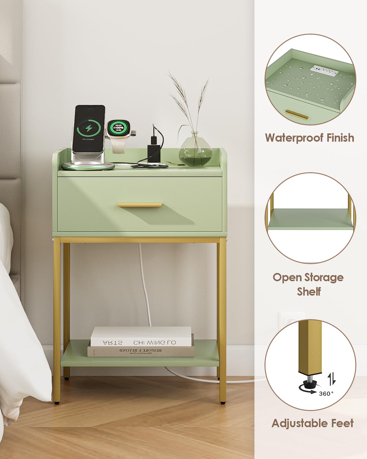Apetaccat Nightstand with Charging Station,3-Tier Modern Bedside Table Night Stand with Storage Drawer and Open Shelf,Small End Side Table for Bedroom,Living Room,Green