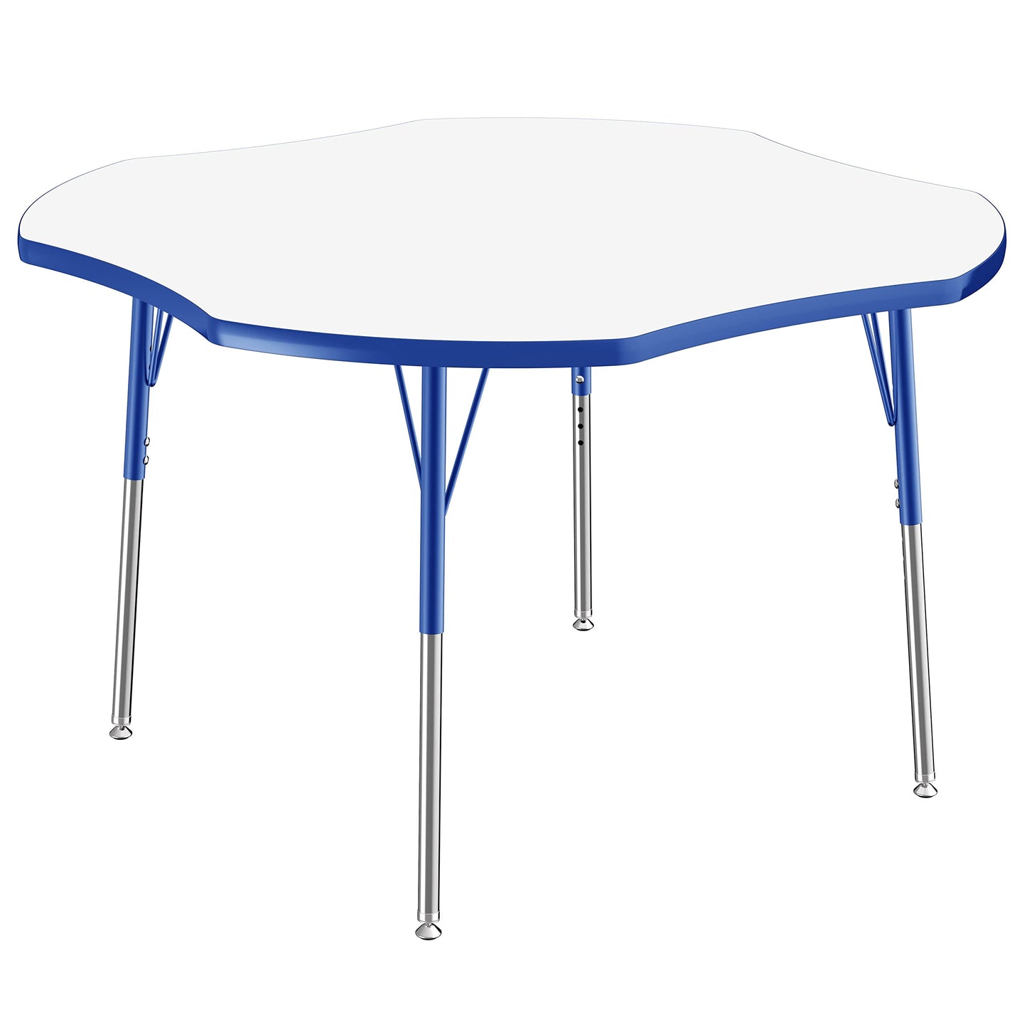 FDP Dry-Erase Clover Activity School and Office Table (48 x 48 inch), Standard Legs with Swivel Glides for Collaborative Spaces, Adjustable Height 19-30 inches - Whiteboard Top, Blue Edge and Legs