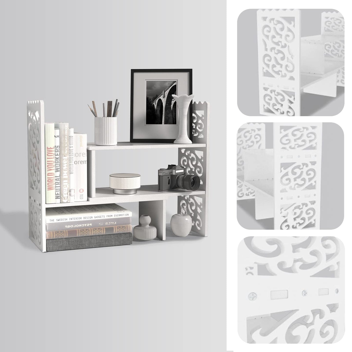 MASAKA B&W - Kawaii Storage Desktop Organizer for Your Desk Space, Double H Plants Display Shelf, Home Office Storage Rack Adjustable Stackable for Office, Dormitory (White*09)