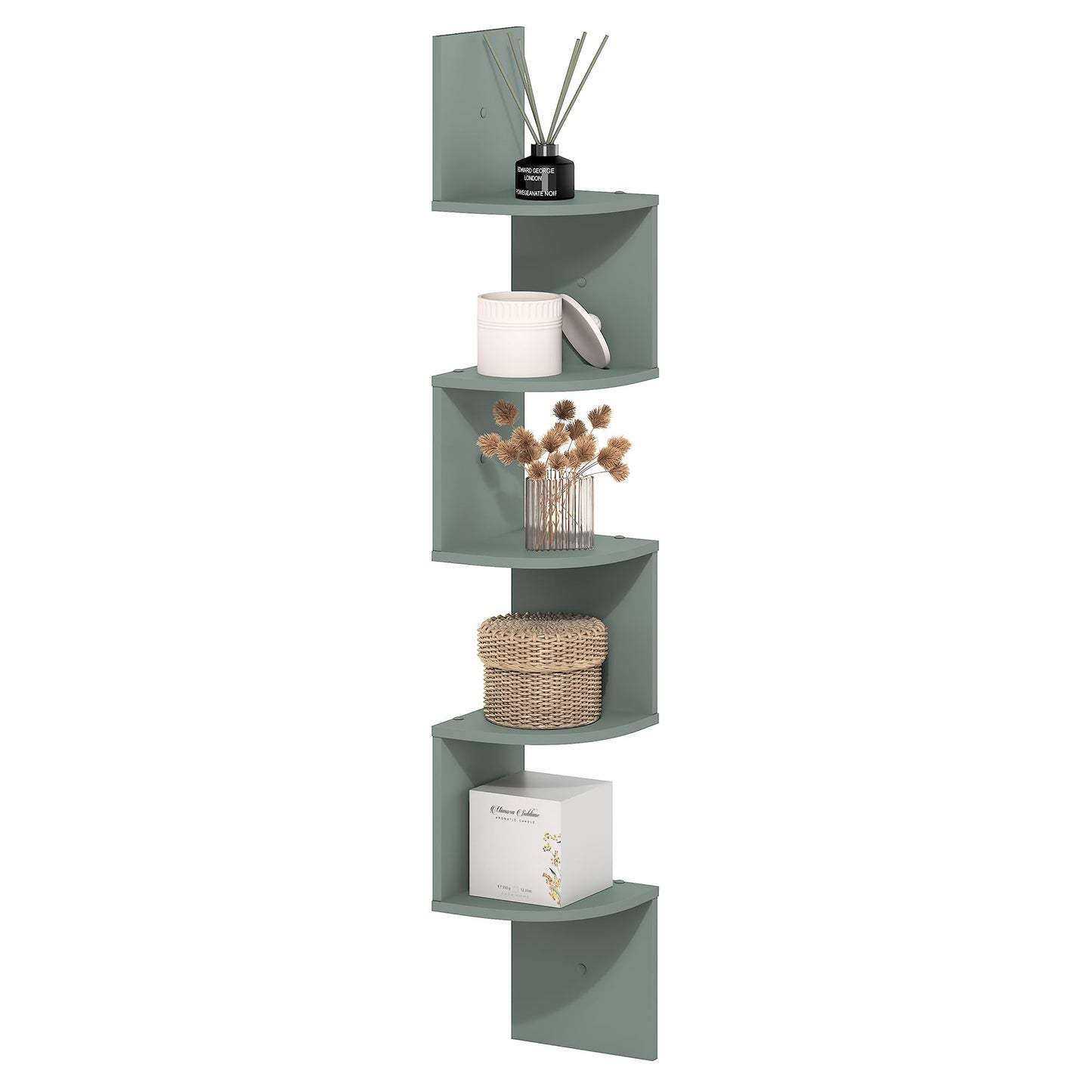 Furinno Rossi Floating Book Shelves for Wall, 5-Tier Zigzag Corner Shelf Wall Mounted, Radial Corner Floating Shelf, for Living Room, Bedroom, Bathroom, Home Office, Sage Green