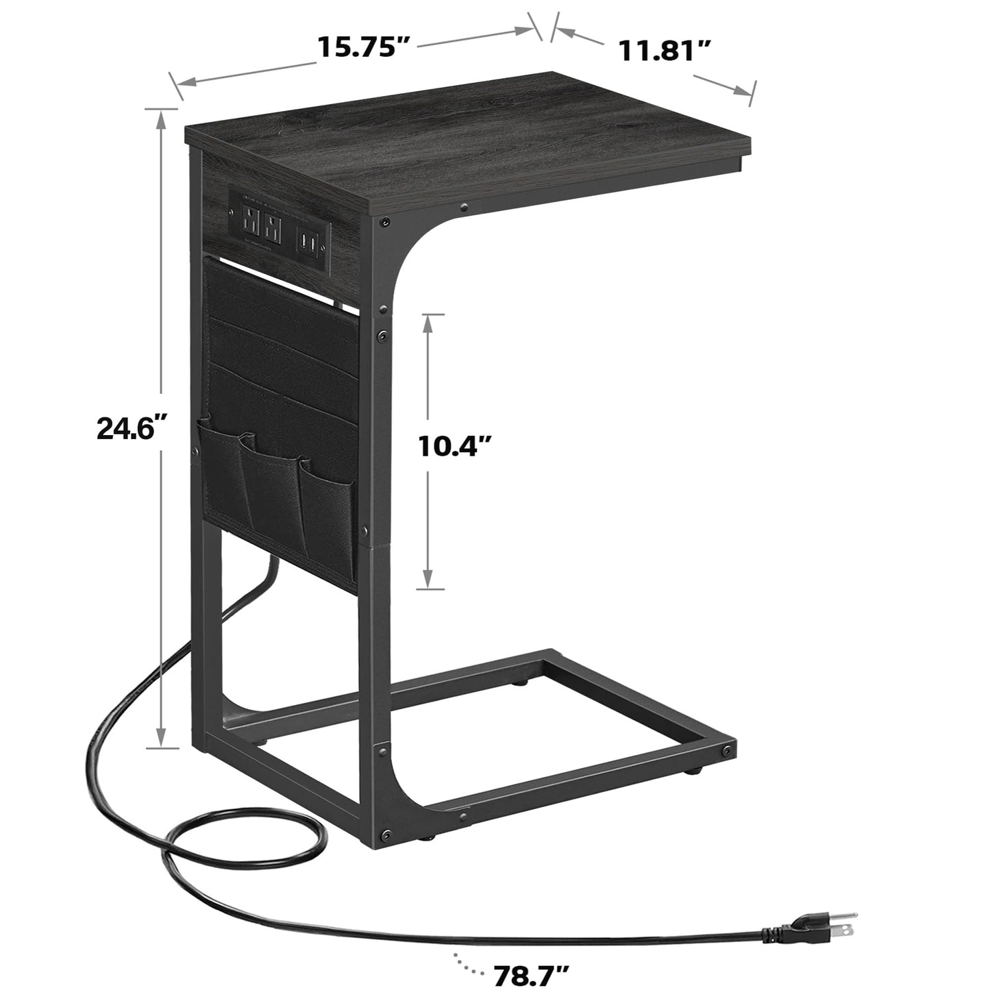 TUTOTAK C Shaped End Table with Charging Station, Side Table for Sofa, Couch Table with Storage Bag, TV Tray Table with 2 USB Ports and Outlets for Living Room, Bedroom, TB01BY024