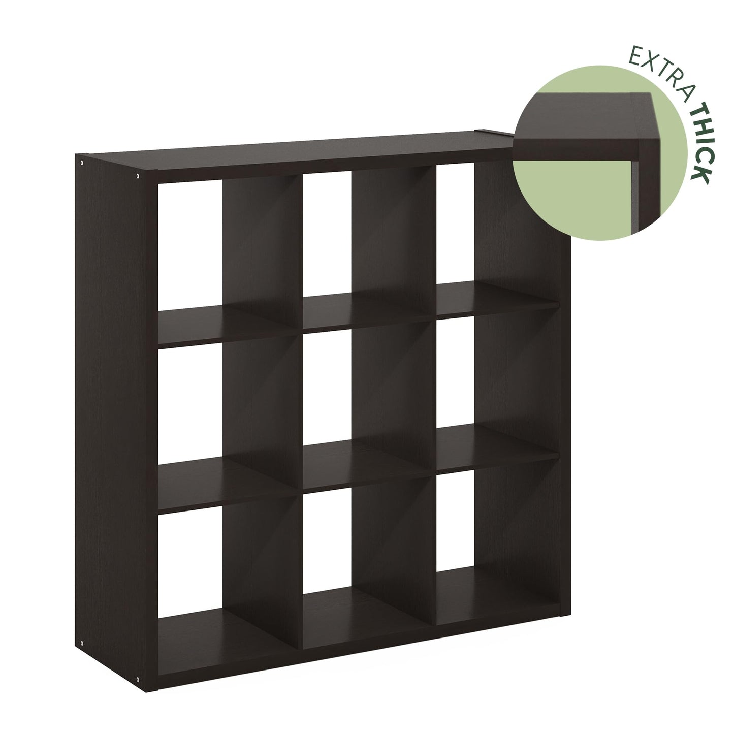 Furinno CUBICLE Book Shelf, 9-Cube Bookshelf, Extra Thick Frame Reversible Bookcase with Open Back, 14.6" x 44" x 44", for Living Room, Bedroom, Home Office, Black Dark Oak