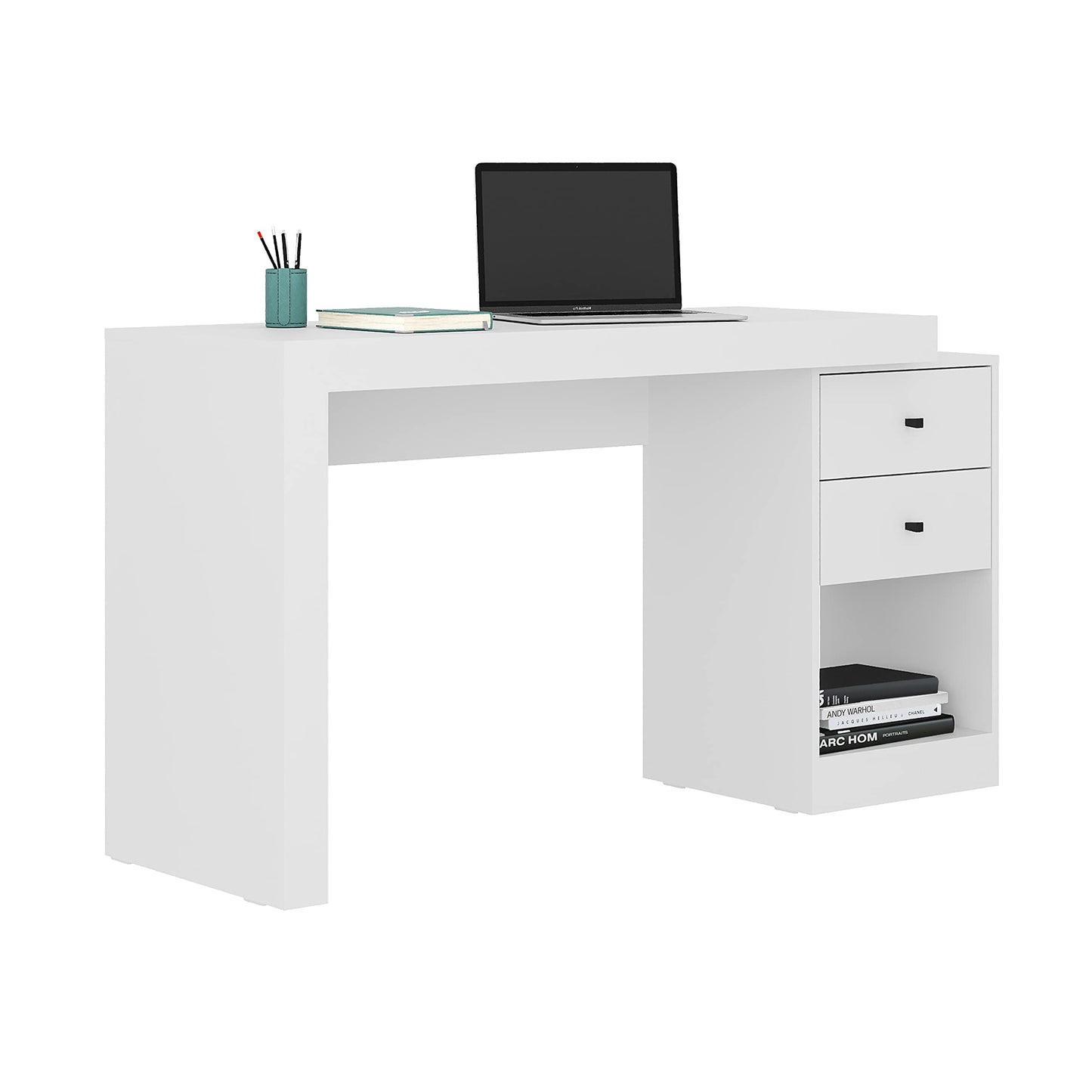 Expandable Desk with Storage Drawers & Open Shelf - Expands from 47 Inch to 57 Inch - White Computer Desk with Printer Space - Modern Home Office Table with Drawers - Techni Mobili Blanco Collection