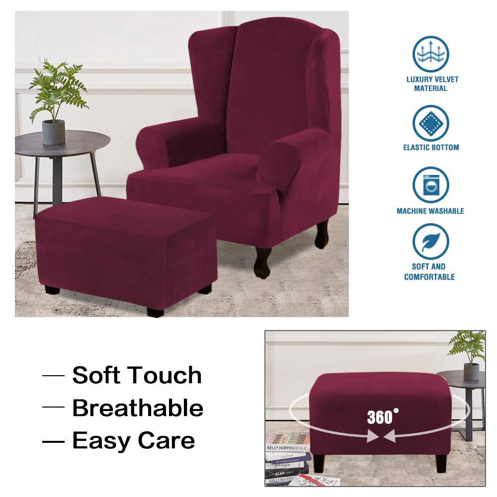 H.VERSAILTEX Real Velvet Plush 1 Piece Form Fit Stretch Rectangle Folding Storage Covers Ottoman Slipcovers Removable Footstool Protect Footrest Covers Elastic Bottom Washable(Large, Burgundy)