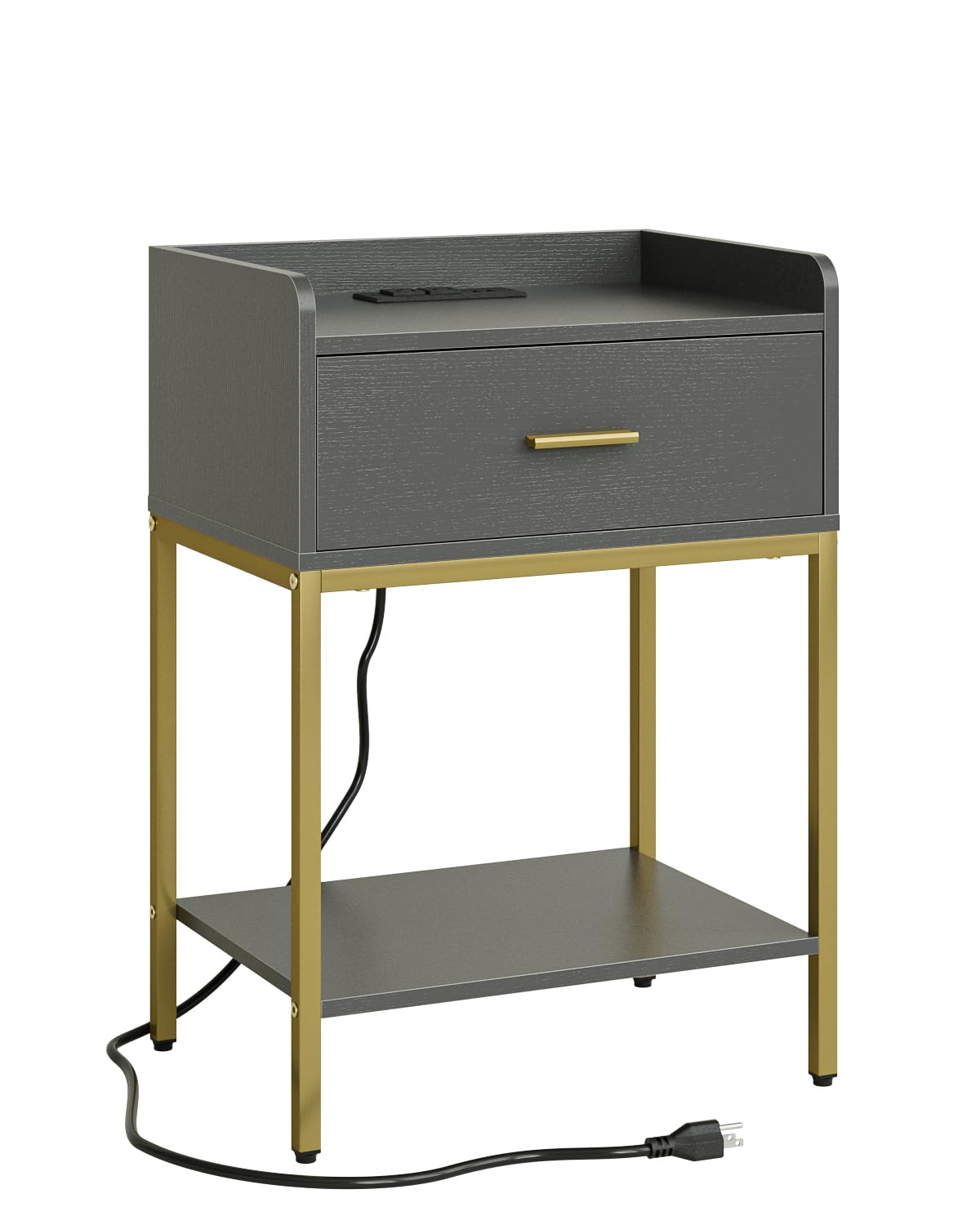 Masupu Nightstand with Charging Station,3-Tier Modern Bedside Night Stand with Storage Drawer and Shelf,Small End Side Table for Bedroom,Living Room,Grey