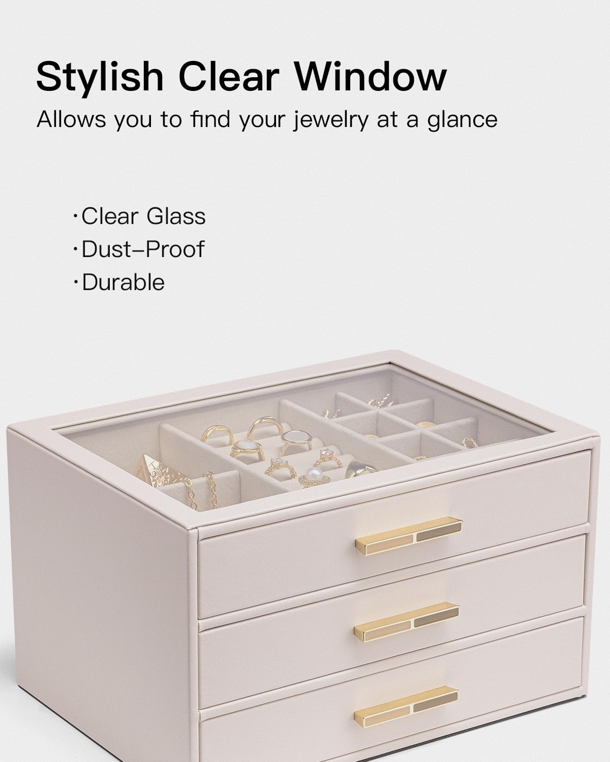 VLANDO Jewelry Box for Women, Glass Lid Jewelry Organizer with 3 Drawers for Necklaces Rings Earrings Bracelets - Light Pink
