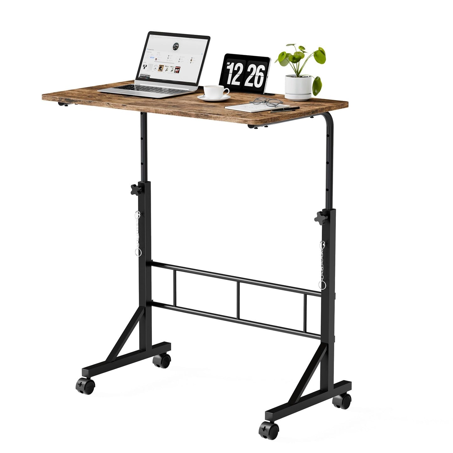 DUMOS 31.5" Adjustable Height Mobile Desk with Locking Wheels & Pin-Lock, Portable Workstation for Walking Pad & Active Home Office, Small Bedroom Desk, Rustic Brown