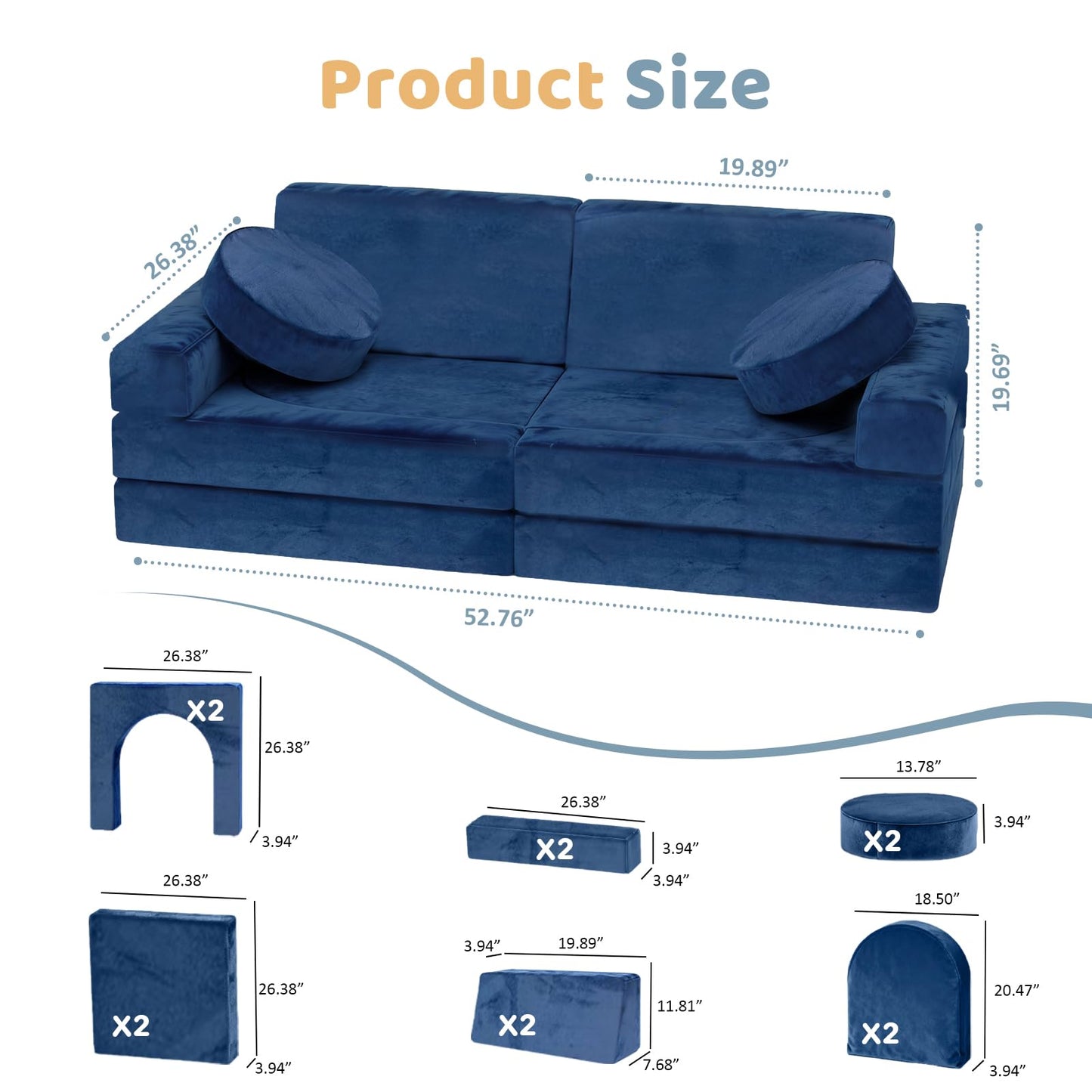 Decmuerx 12pcs Modular Kids Play Couch - CPC Certified Convertible Toddler Sectional Sofa, Washable Durable Foam Floor Cushion for Kids Playroom (Play Fort/Castle)