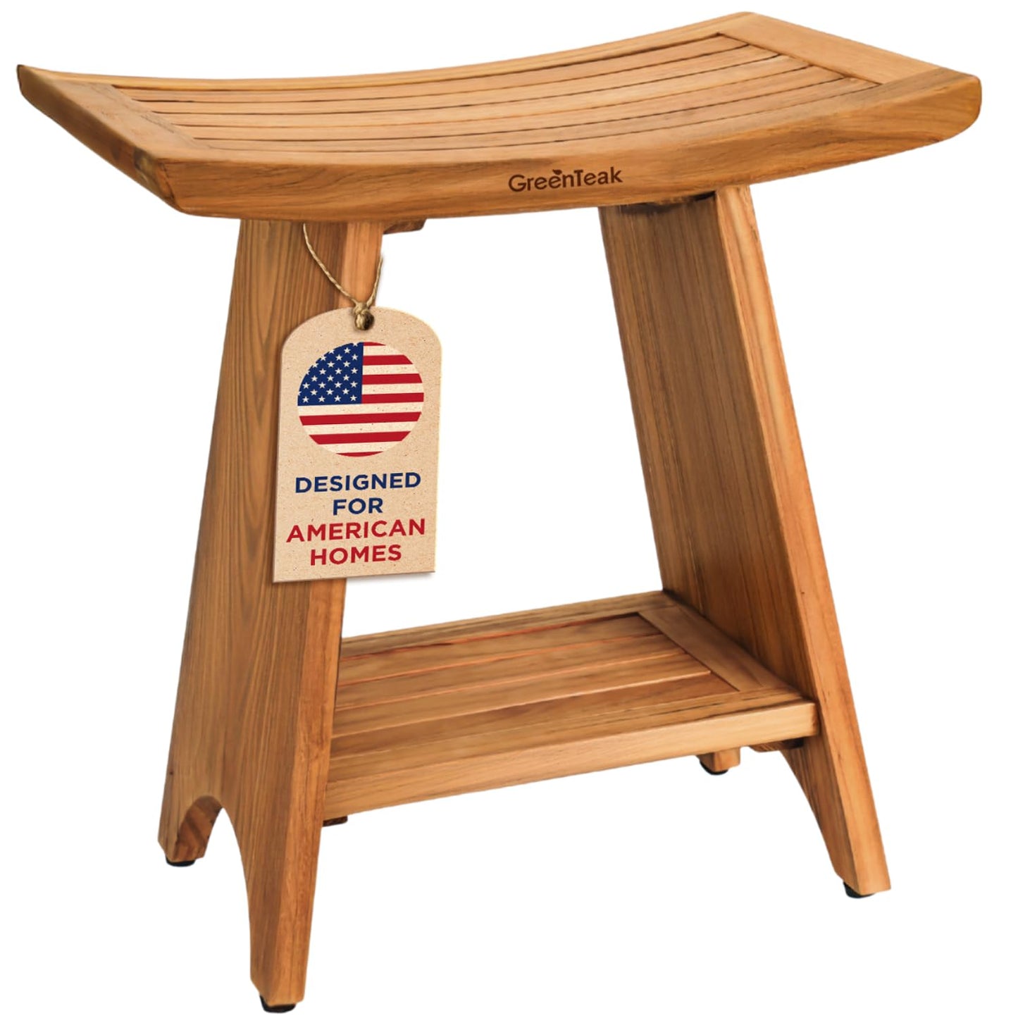 GREENTEAK Premium 18" Teak Wood Shower Bench with Shelf, 2-Tier Waterproof Teak Shower Stool, Non-Slip Feet for Enhanced Safety, Spa Bath Seat for Bathroom, Indoor & Outdoor, 300 lb Capacity (Curved)