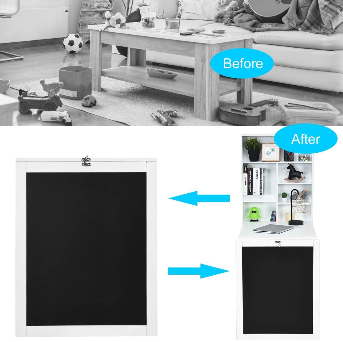 GRAFFY Wall Mounted Folding Desk, Floating Desk with Chalkboard, Multi-Function Wall Mounted Table with Storage Shelves & Hooks, Computer Desk Laptop Workstation Home Office (White)