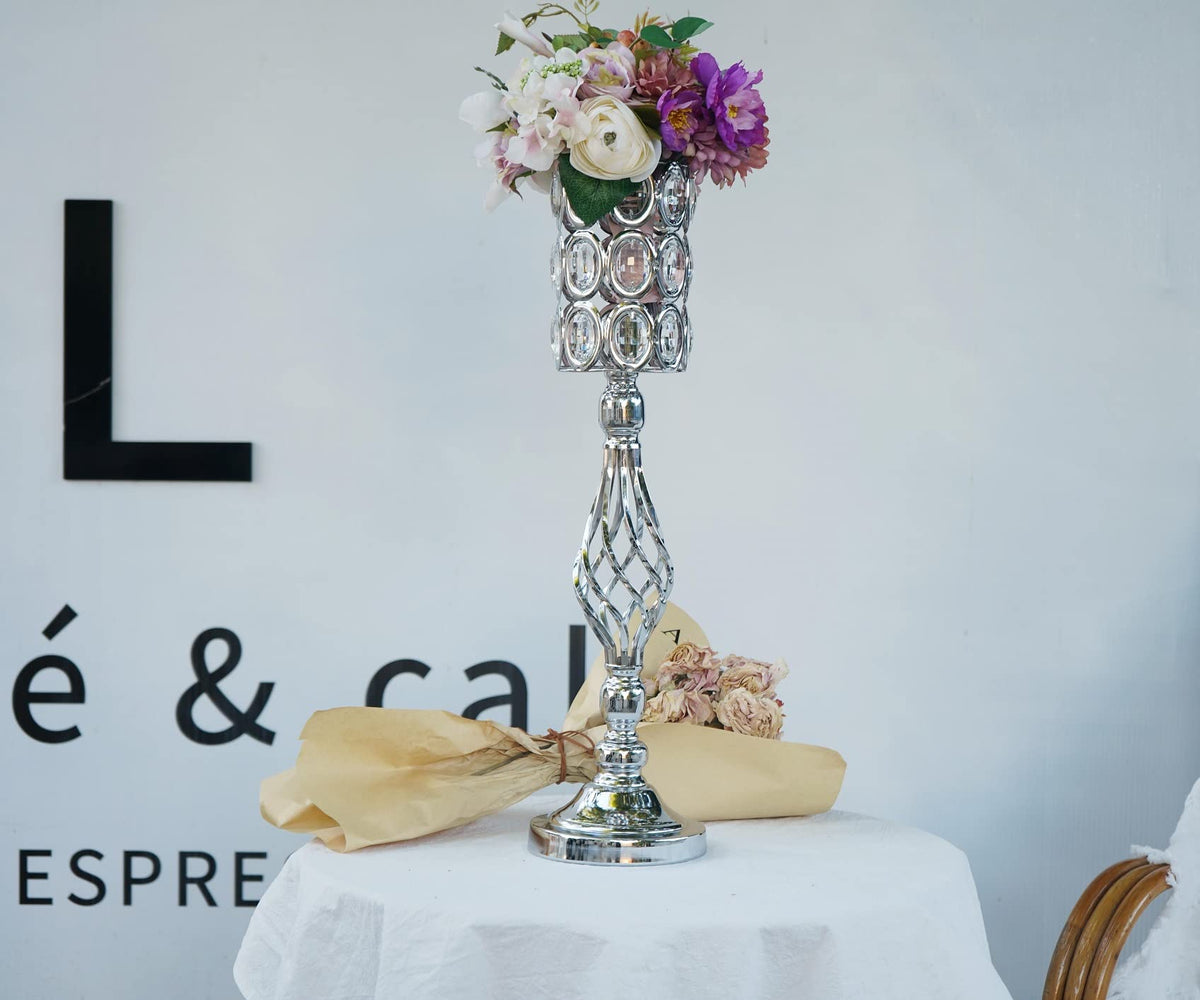 Crystal Wedding Centerpiece Vases for Tables - Set of 2 Metal Silver Vases, 24in Tall Versatile Flower Holders, Elegant Flower Stands for Centerpieces Wedding Party Reception Christmas Home Decor